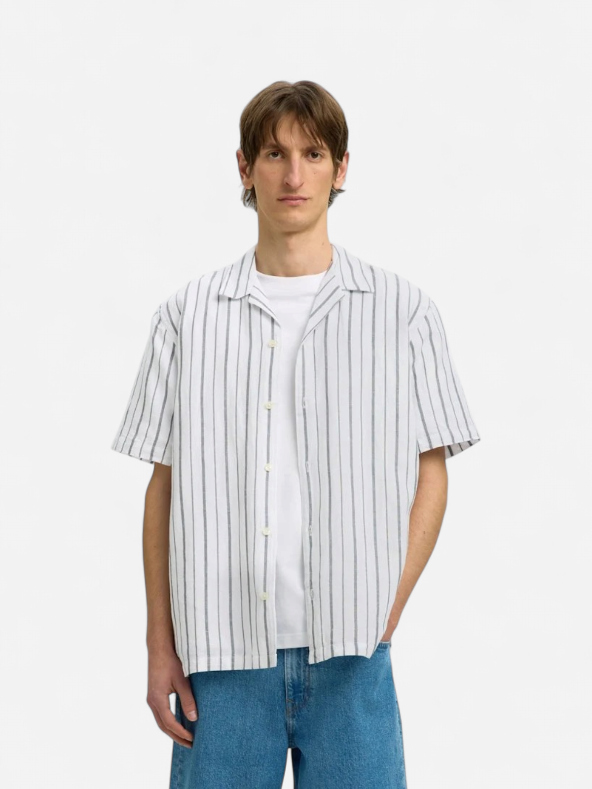 Selected miesten kauluspaita Resort Linen Blend SS Shirt K, Bright White Balsam Green - Kekäle.fi