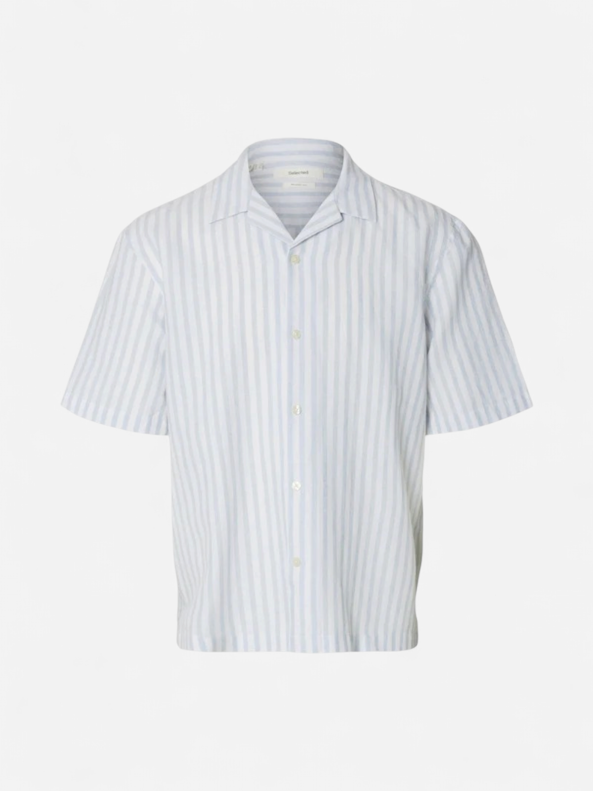 Selected miesten kauluspaita Resort Linen Blend SS Shirt K, Dusty Blue Wide White - Kekäle.fi