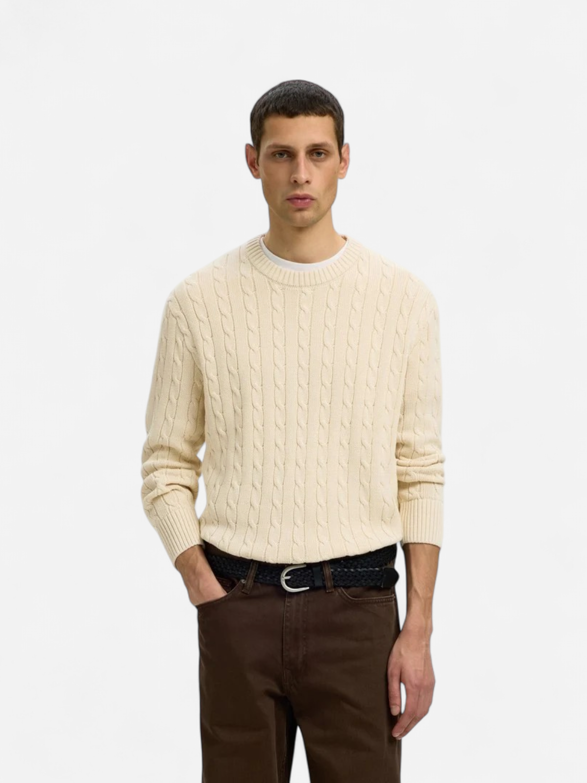 SLMBRAUN KNIT CABLE CREW NOOS Birch - Kekäle.fi