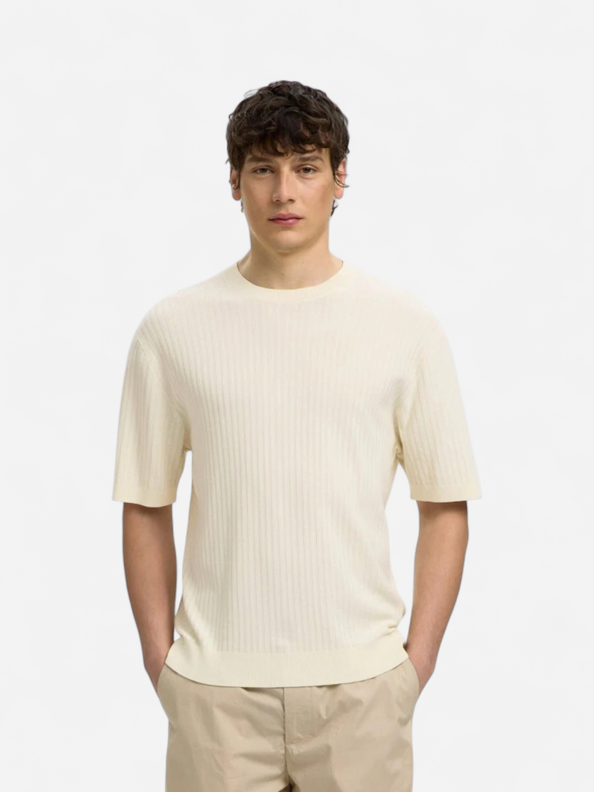 Selected miesten t-paita Structured Short Sleeved Shirt, Egret - Kekäle.fi