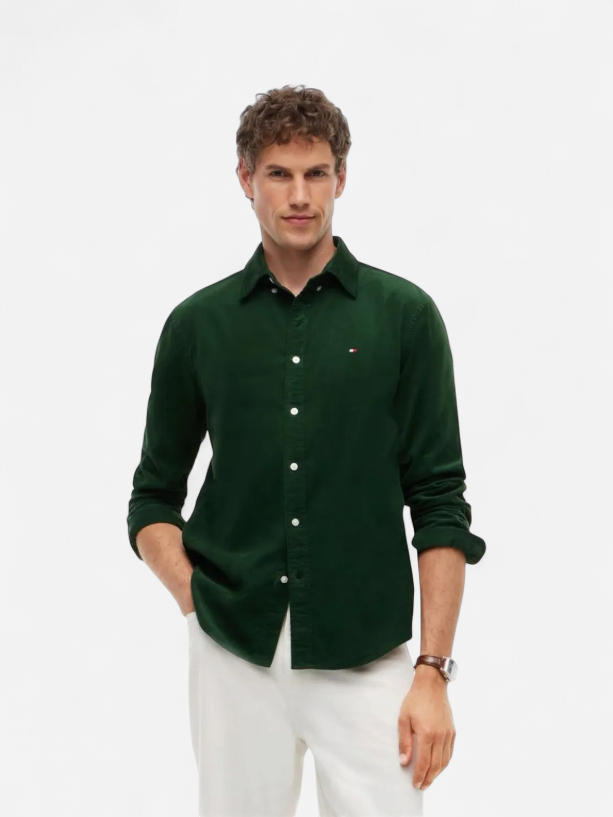 Tommy Hilfiger miesten kauluspaita Solid Corduroy RF Shirt, Battle Green - Kekäle.fi