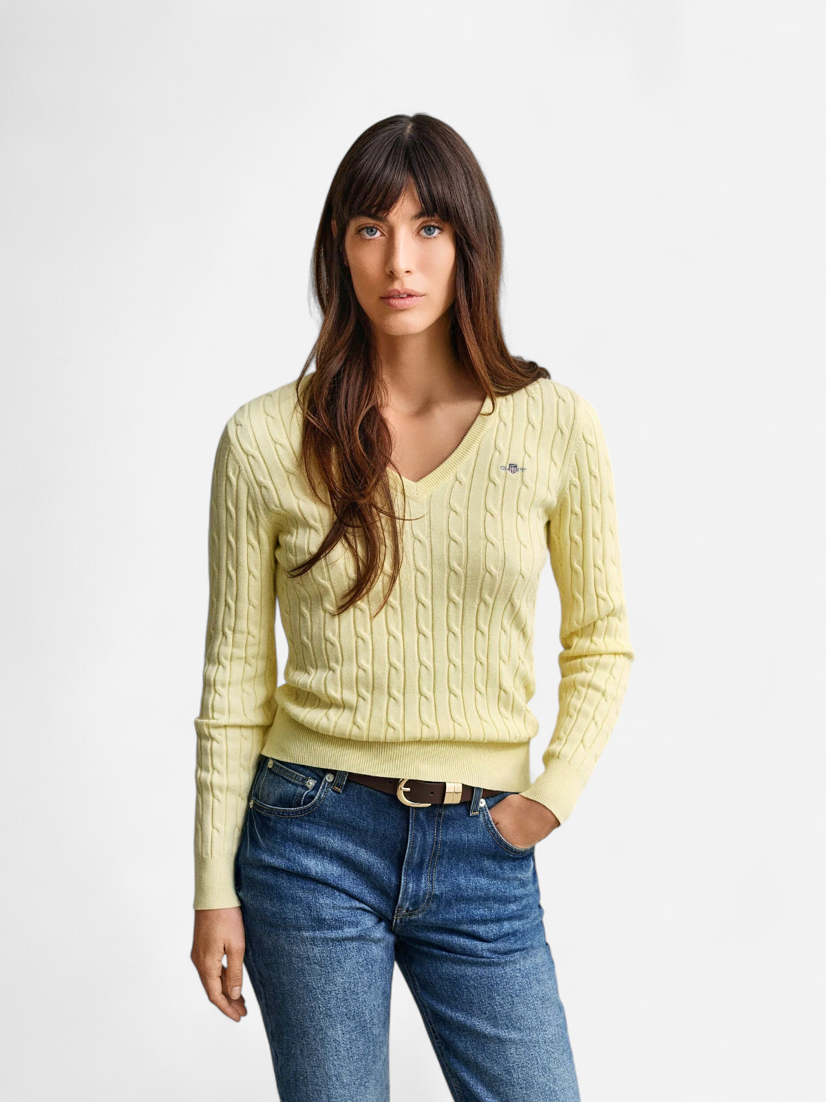 Gant naisten neulepusero Strech Cotton Cable V-Neck, sitruunankeltainen - Kekäle.fi