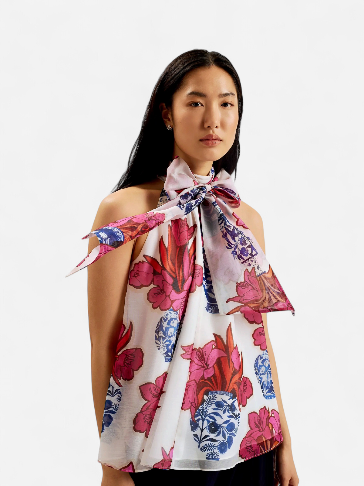 Ted Baker Naisten Toppi, AKAKI Organza printed Tie Neck Top Valkopohjainen Kuosi - Kekäle.fi