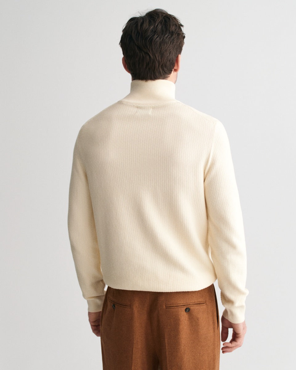 Gant Miesten Neulepusero, COTTON MICRO TEXTURED HALF ZIP Luonnonvalkoinen