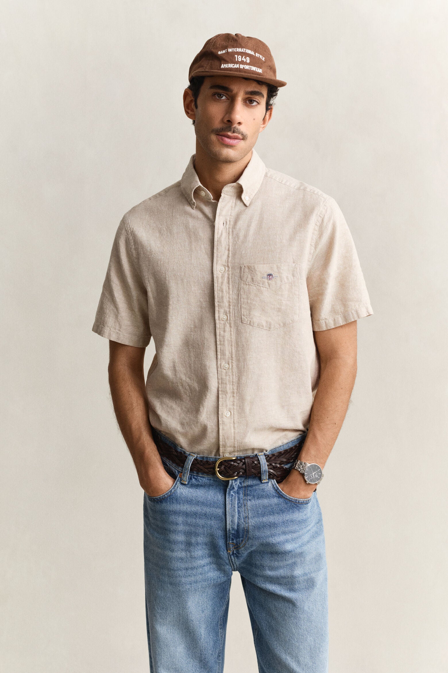 Gant miesten lyhythihainen kauluspaita Regular Cotton Linen Shirt, beige