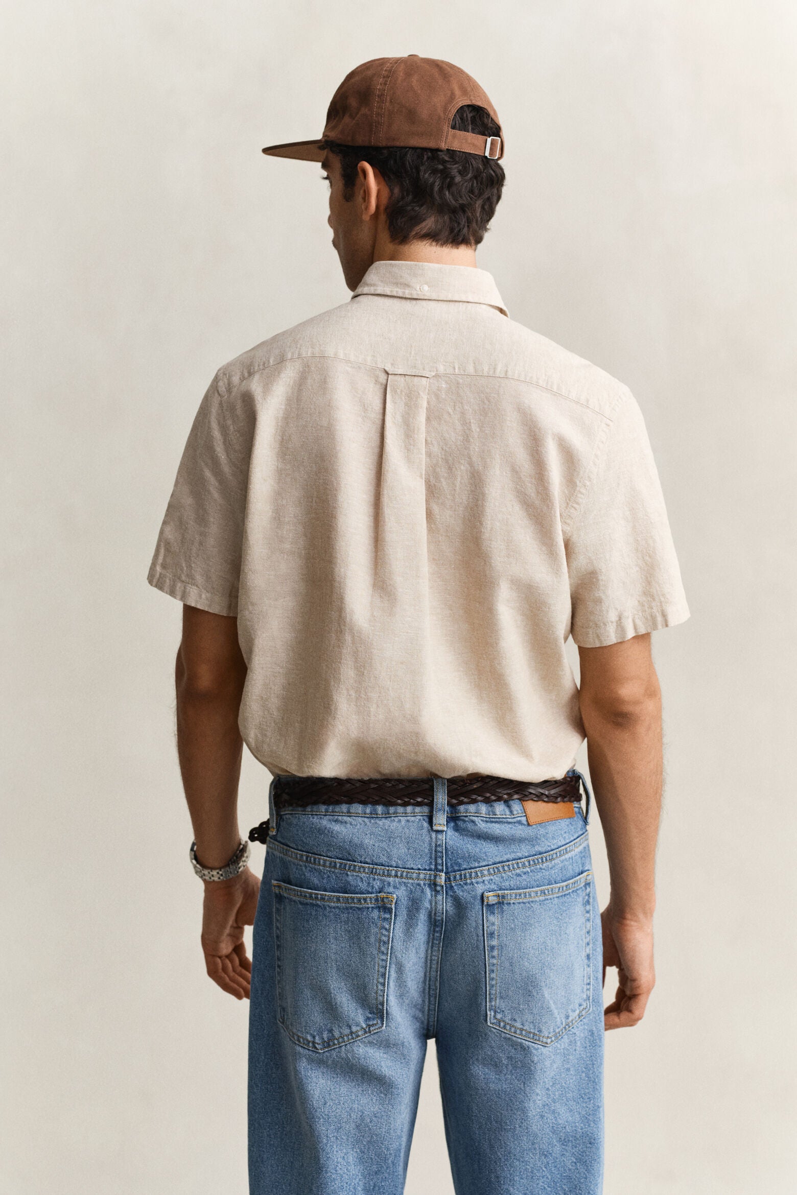 Gant miesten lyhythihainen kauluspaita Regular Cotton Linen Shirt, beige