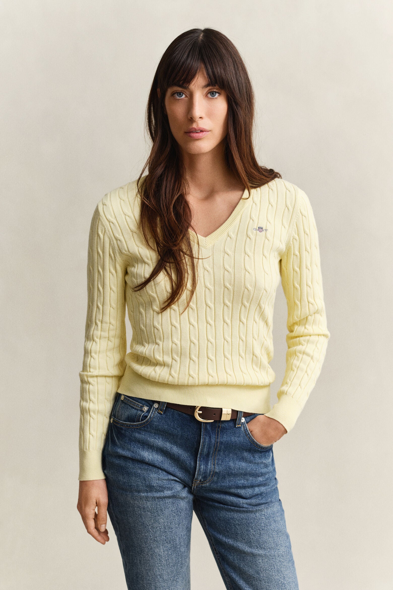 Gant naisten neulepusero Strech Cotton Cable V-Neck, sitruunankeltainen