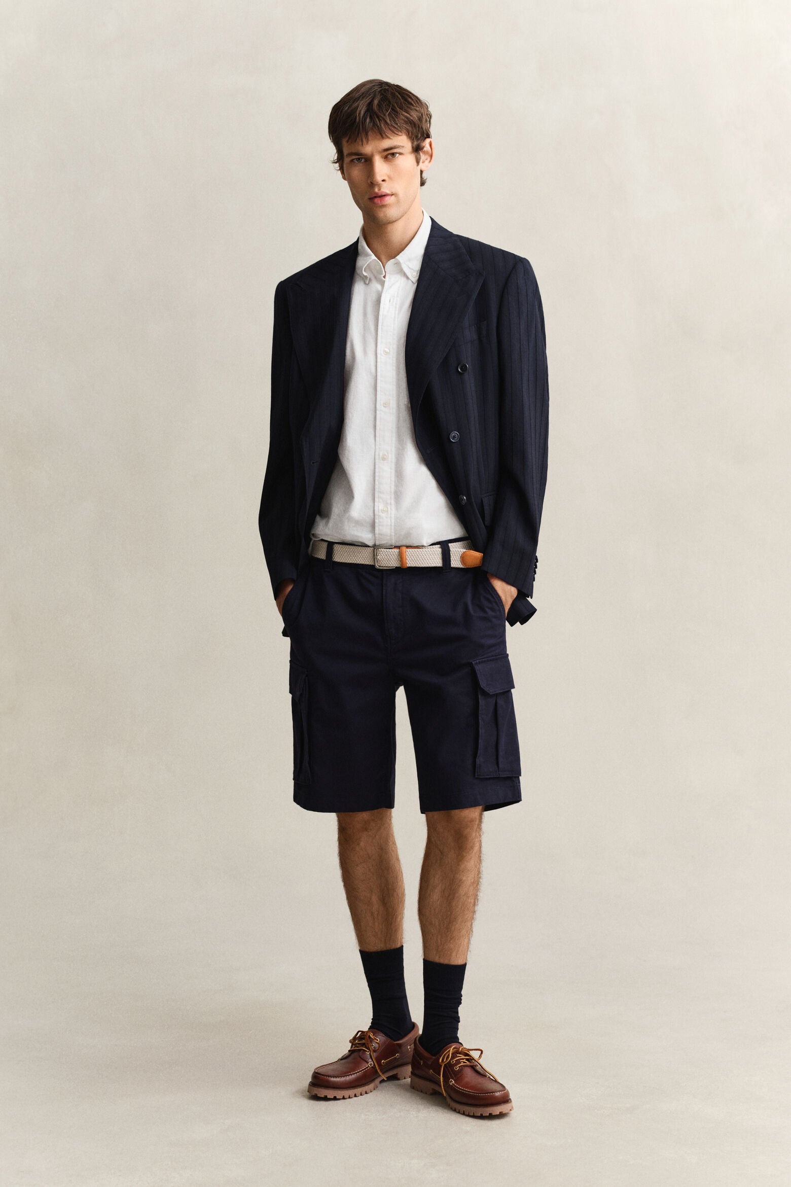Gant miesten lyhythihainen kauluspaita Regular Cotton Linen Shirt, valkoinen