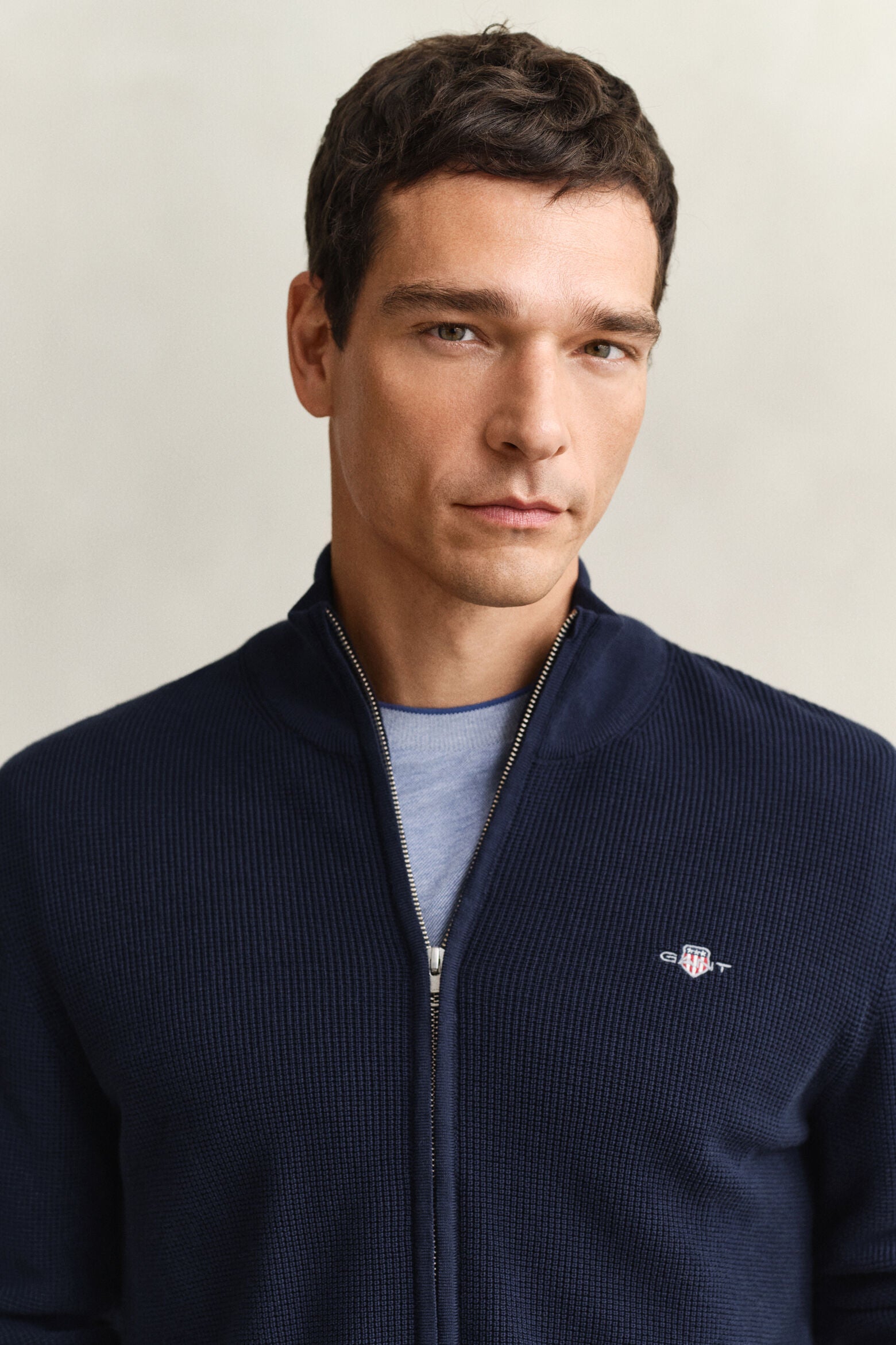 Gant miesten neuletakki Micro Textured Cotton Zip Cardigan, tummansininen