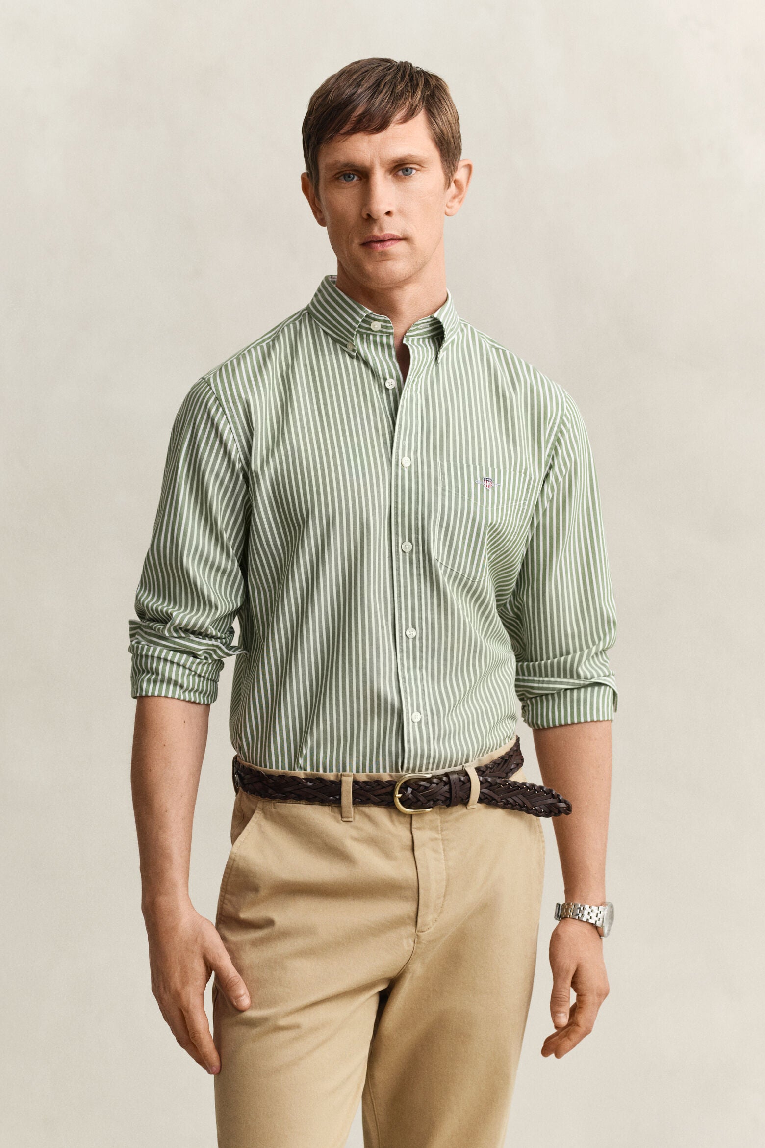 Gant miesten kauluspaita Reg Classic Poplin Stripe, raidallinen vihreä