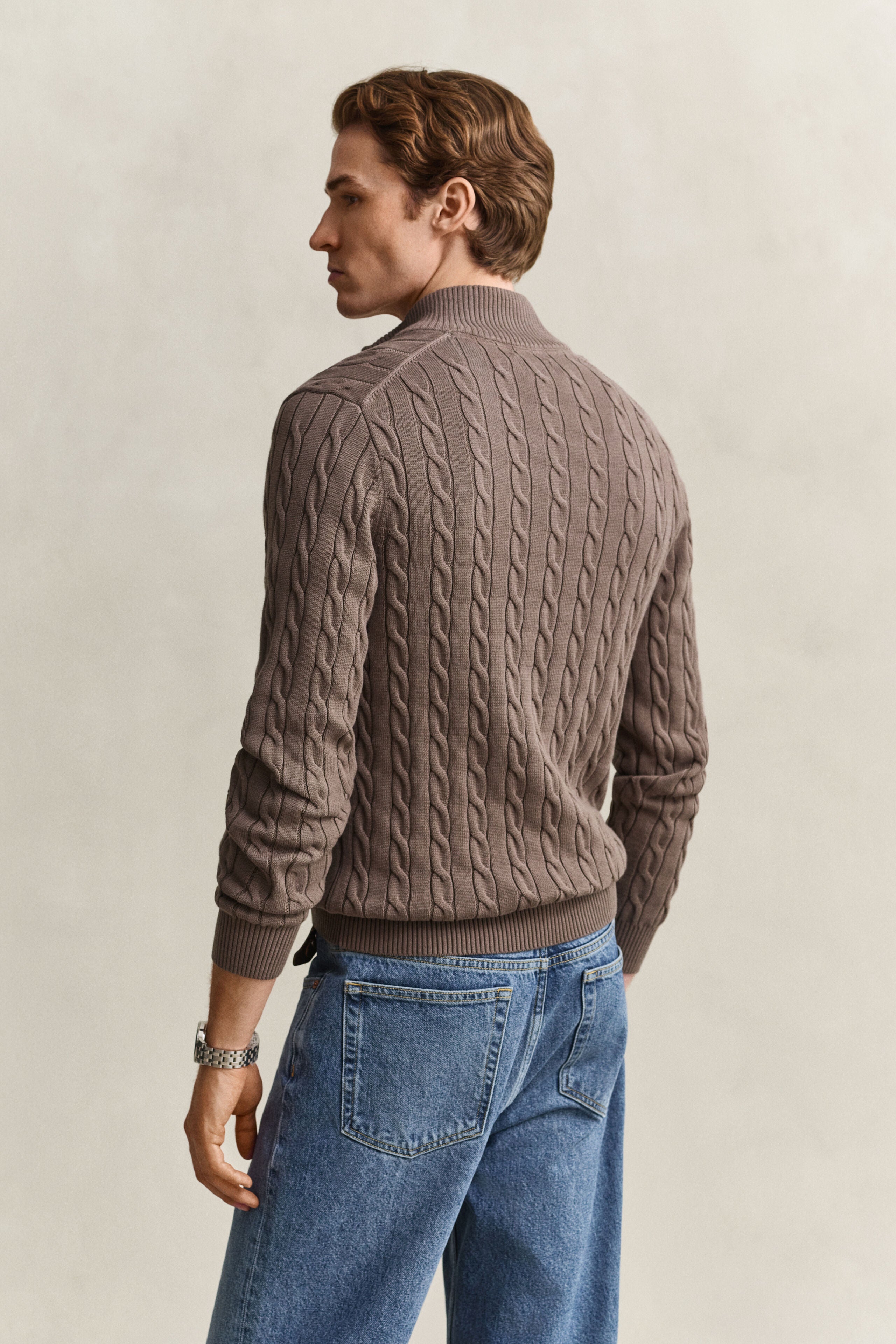 Gant miesten neulepusero Cotton Cable Half Zip, vaaleanruskea