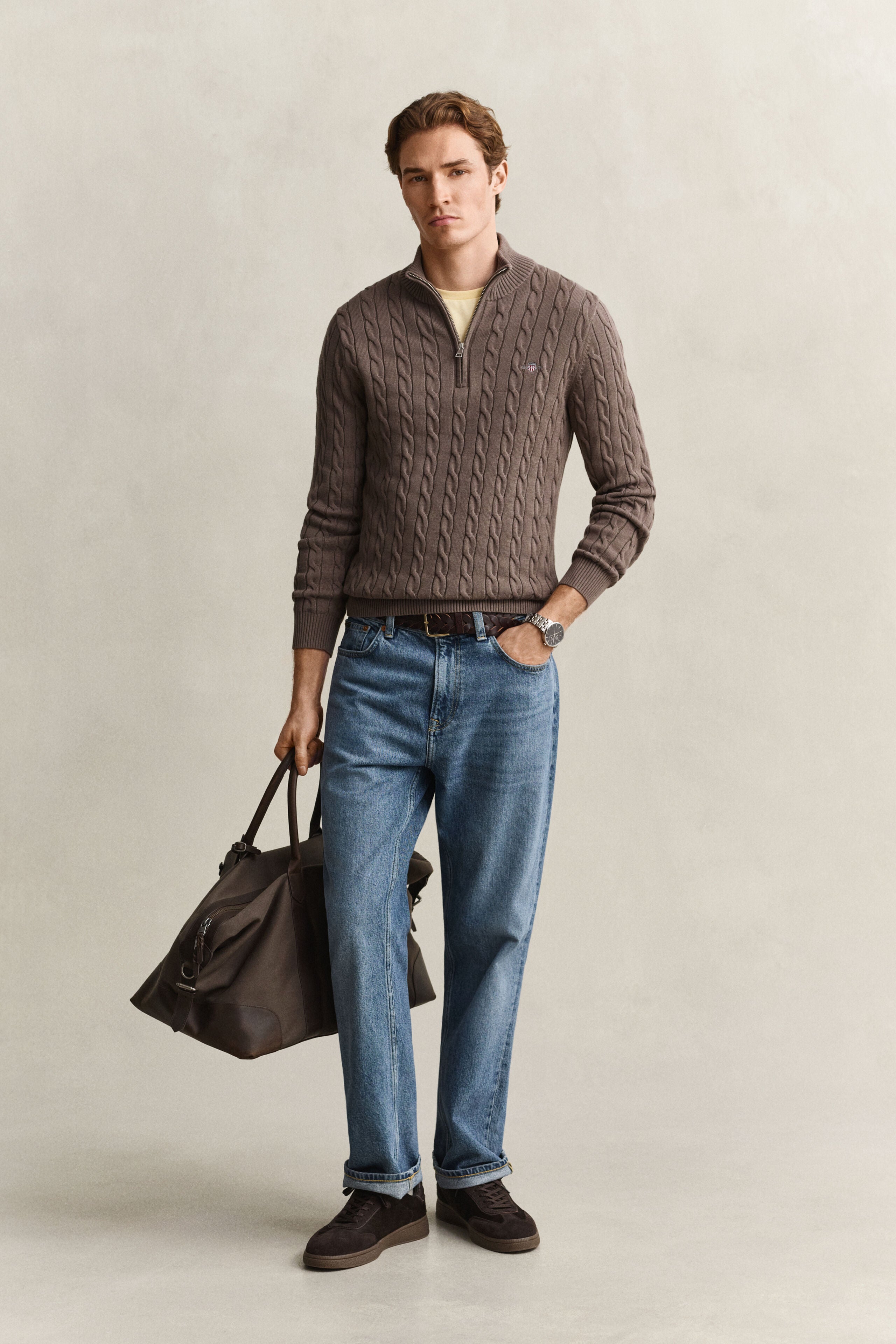 Gant miesten neulepusero Cotton Cable Half Zip, vaaleanruskea