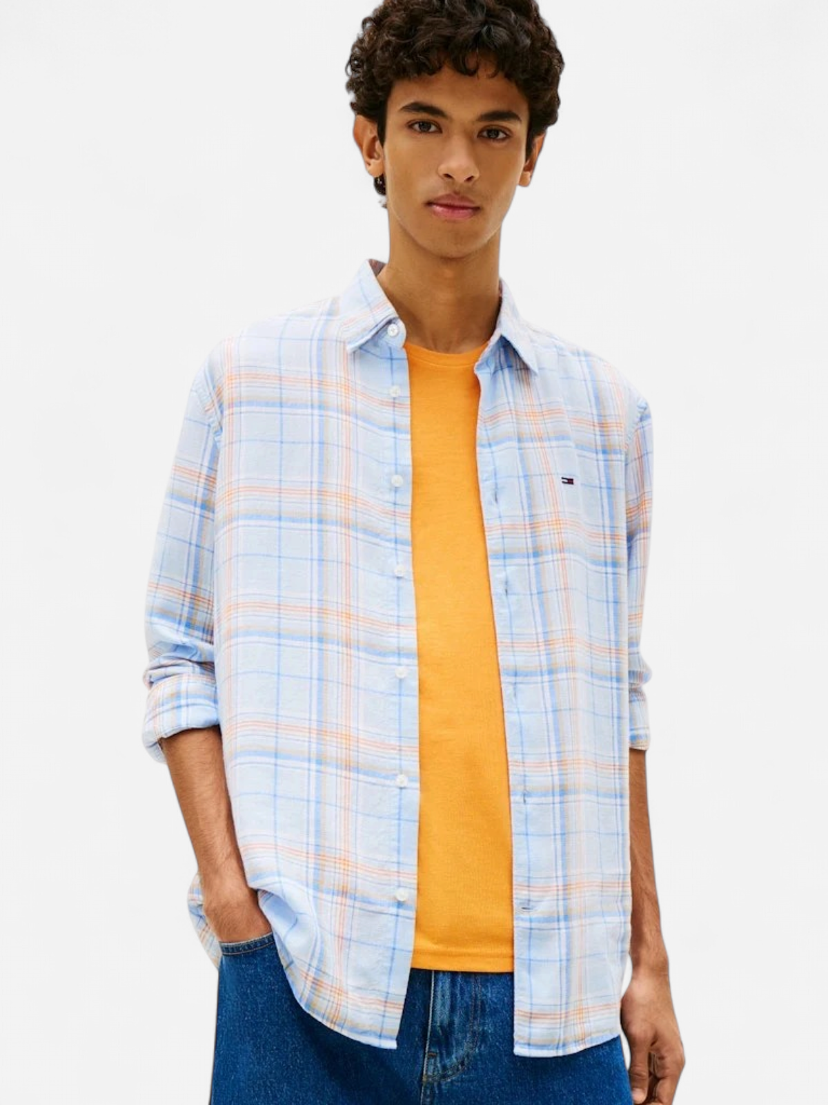 Tommy Jeans miesten kauluspaita Relaxed Fit Check Linen Blend Shirt, sininen kuosi - Kekäle.fi