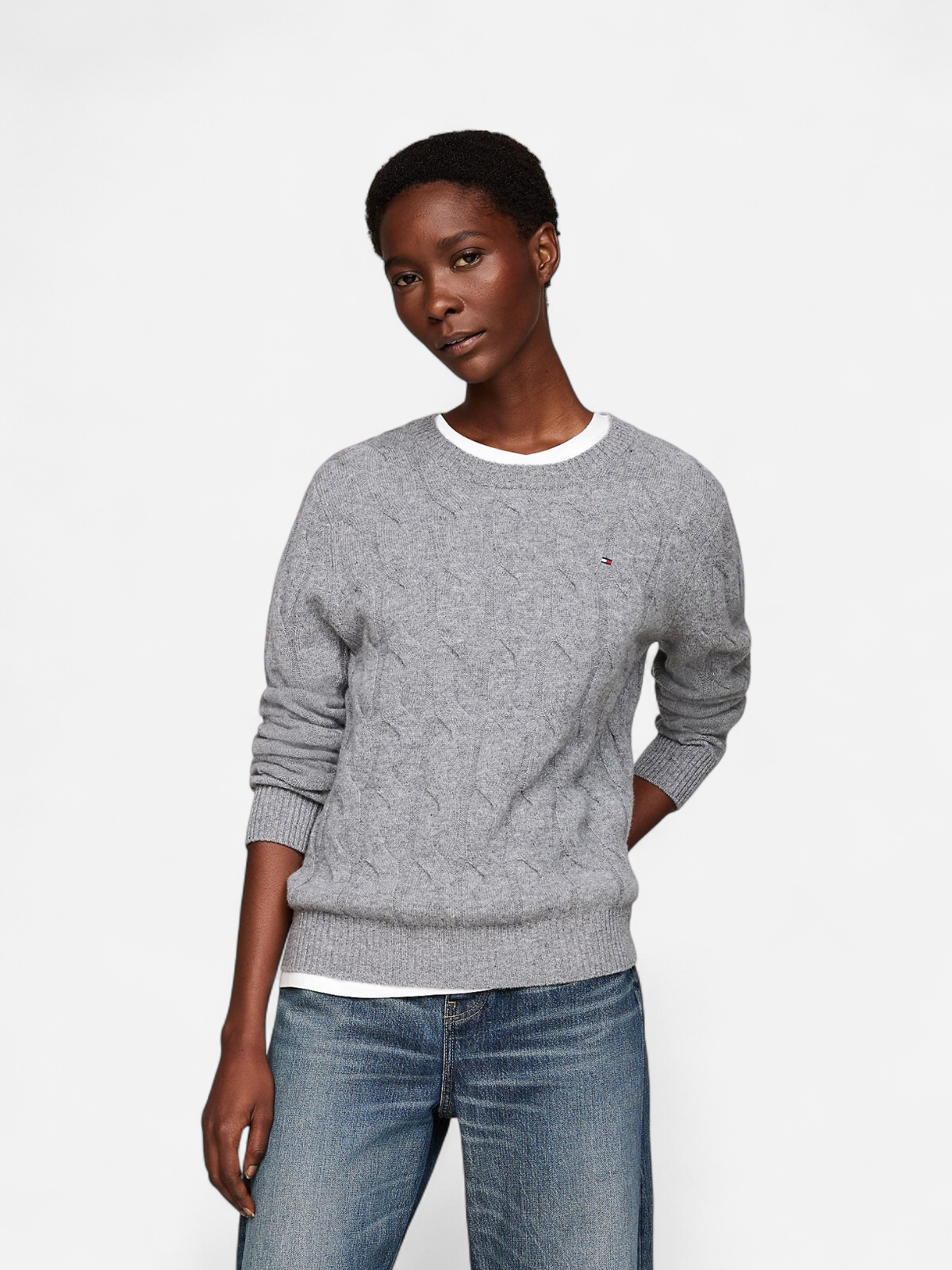 Tommy Hilfiger Naisten Neule, K-SOFT WOOL CABLE C-NK Vaaleanharmaa - Kekäle.fi