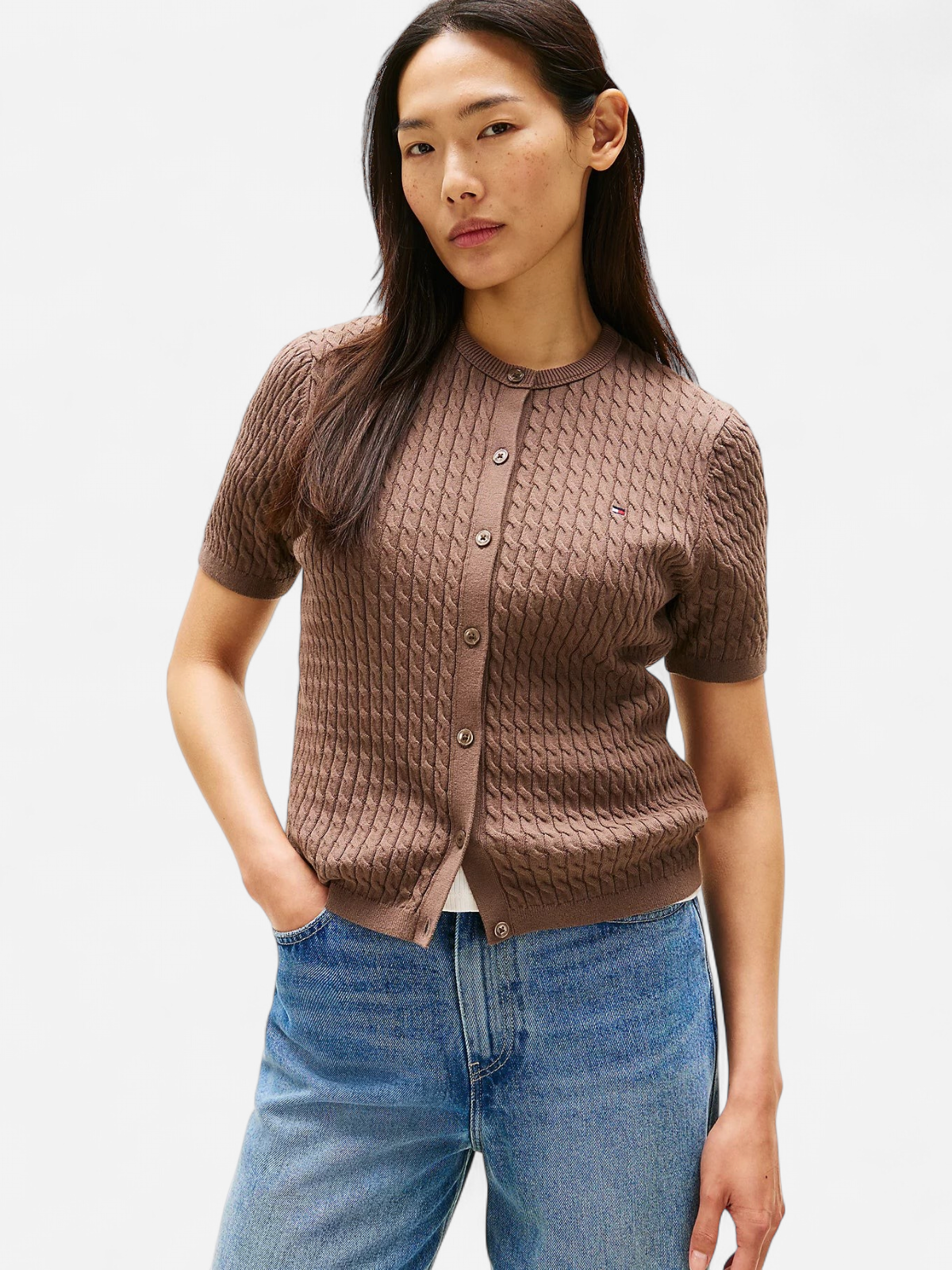 Tommy Hilfiger naisten neuletakki, CO CABLE FINE SS C-CARDIGAN Tummanruskea - Kekäle.fi