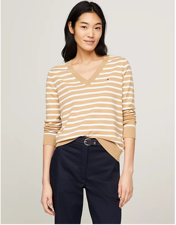 tommy-hilfiger-naisten-paita-co-jersey-stitch-v-nk-sweater-raidallinen-beige-1