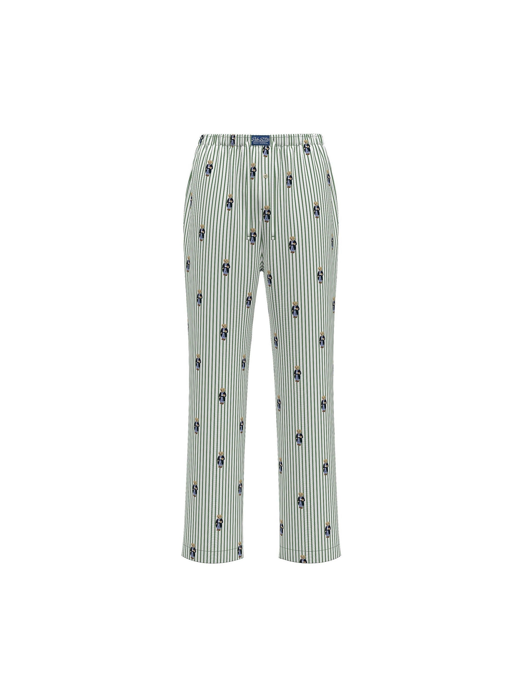 Polo Ralph Lauren miesten pyjamahousut Polo Bear Striped Cotton Pajama Pant, raidallinen vihreä