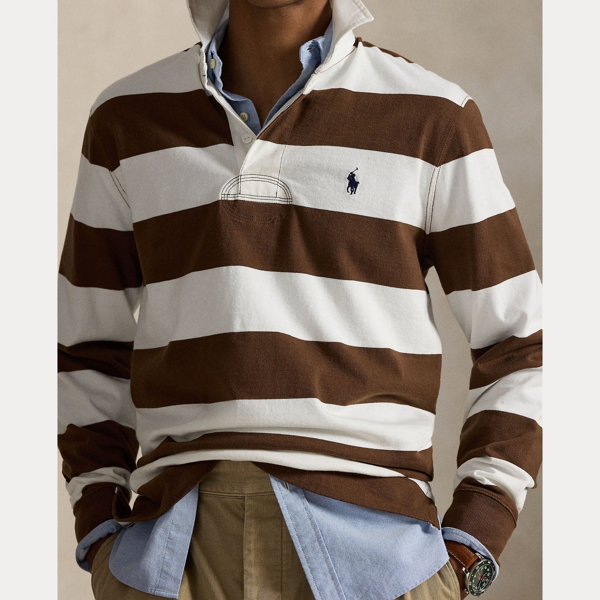 Polo Ralph Lauren miesten pikeepaita Big Fit Striped Jersey Rugby Shirt, ruskea