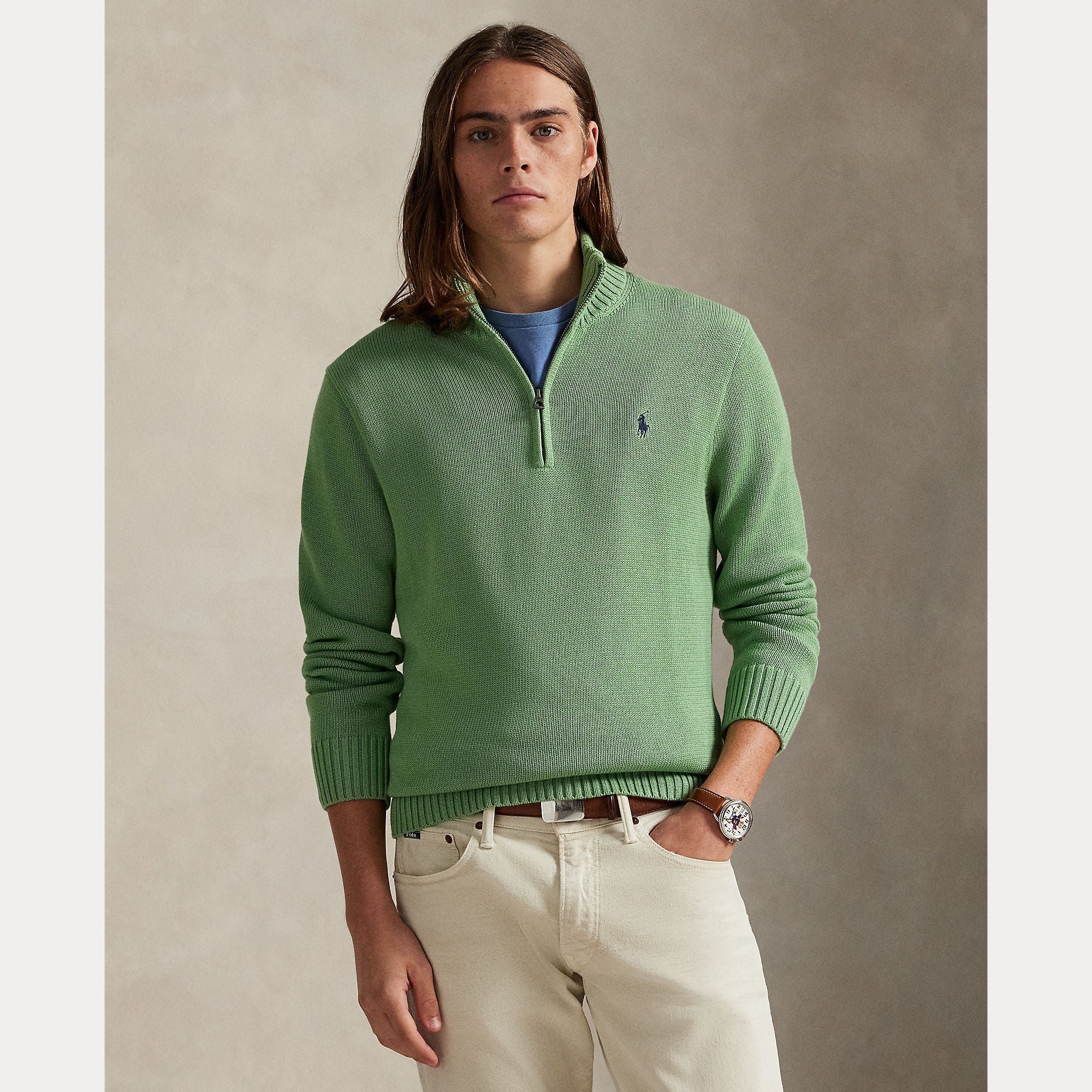 Polo Ralph Lauren miesten neulepaita Cotton Hlaf Zip Pullover, vaaleanvihreä
