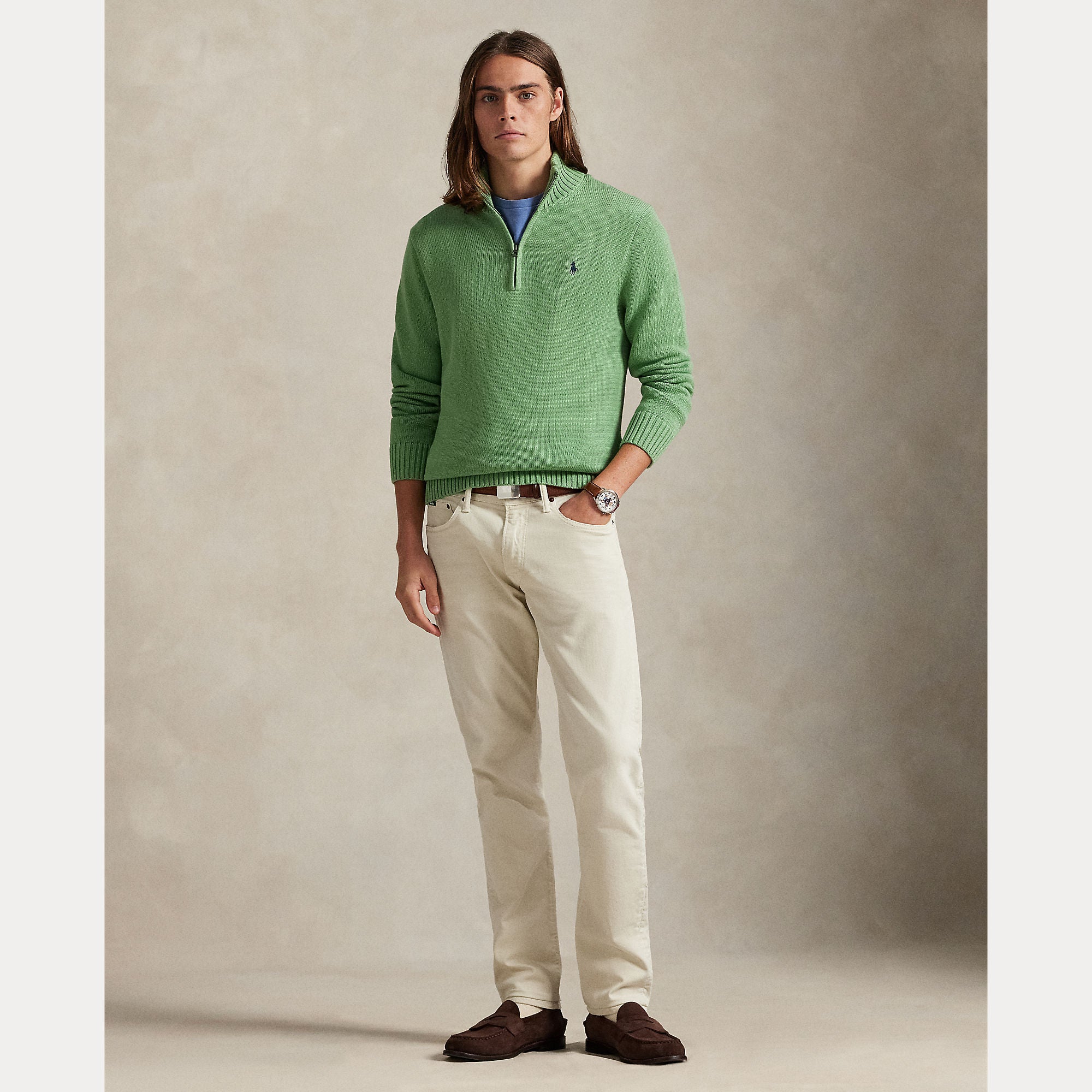 Polo Ralph Lauren miesten neulepaita Cotton Hlaf Zip Pullover, vaaleanvihreä