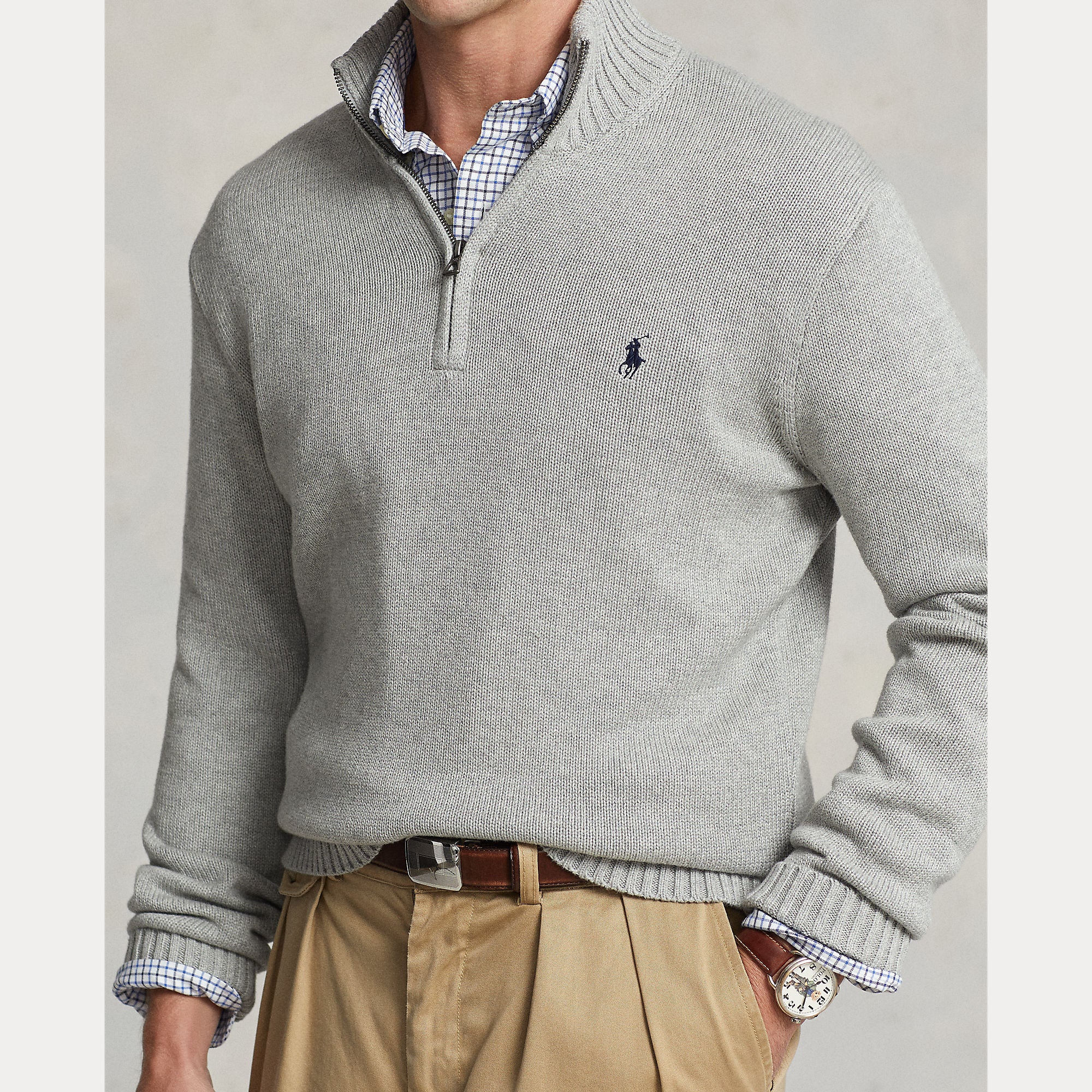 Polo Ralph Lauren miesten neulepaita Cotton Hlaf Zip Pullover, vaaleanharmaa