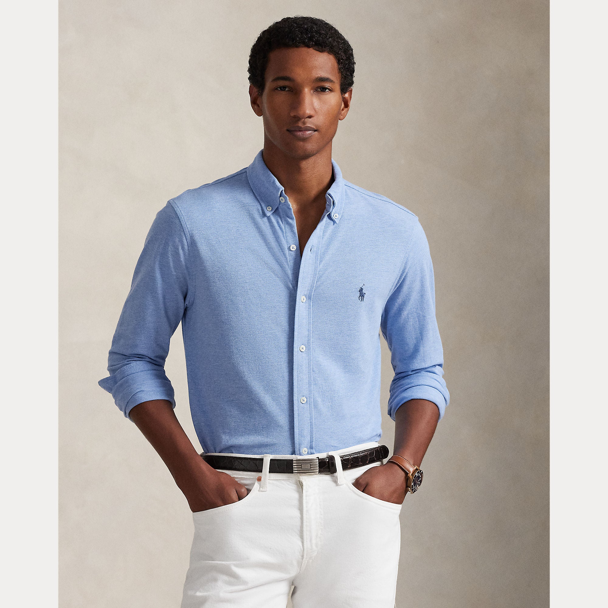 Polo Ralph Lauren miesten kauluspaita Featherweight Mesh Shirt, vaaleansininen