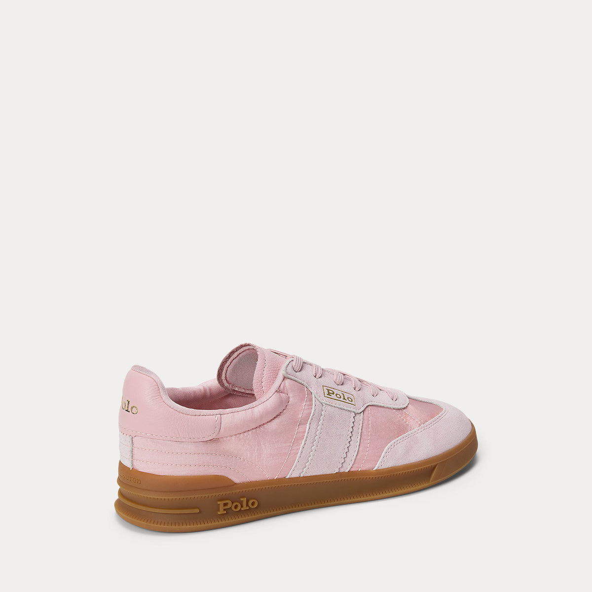 Polo Ralph Lauren naisten tennarit Aera Sneaker, vaaleanpunainen, matalavartiset nauhalliset nahkakengät mokkanahkayksityiskohdilla ja ruskealla kumipohjalla