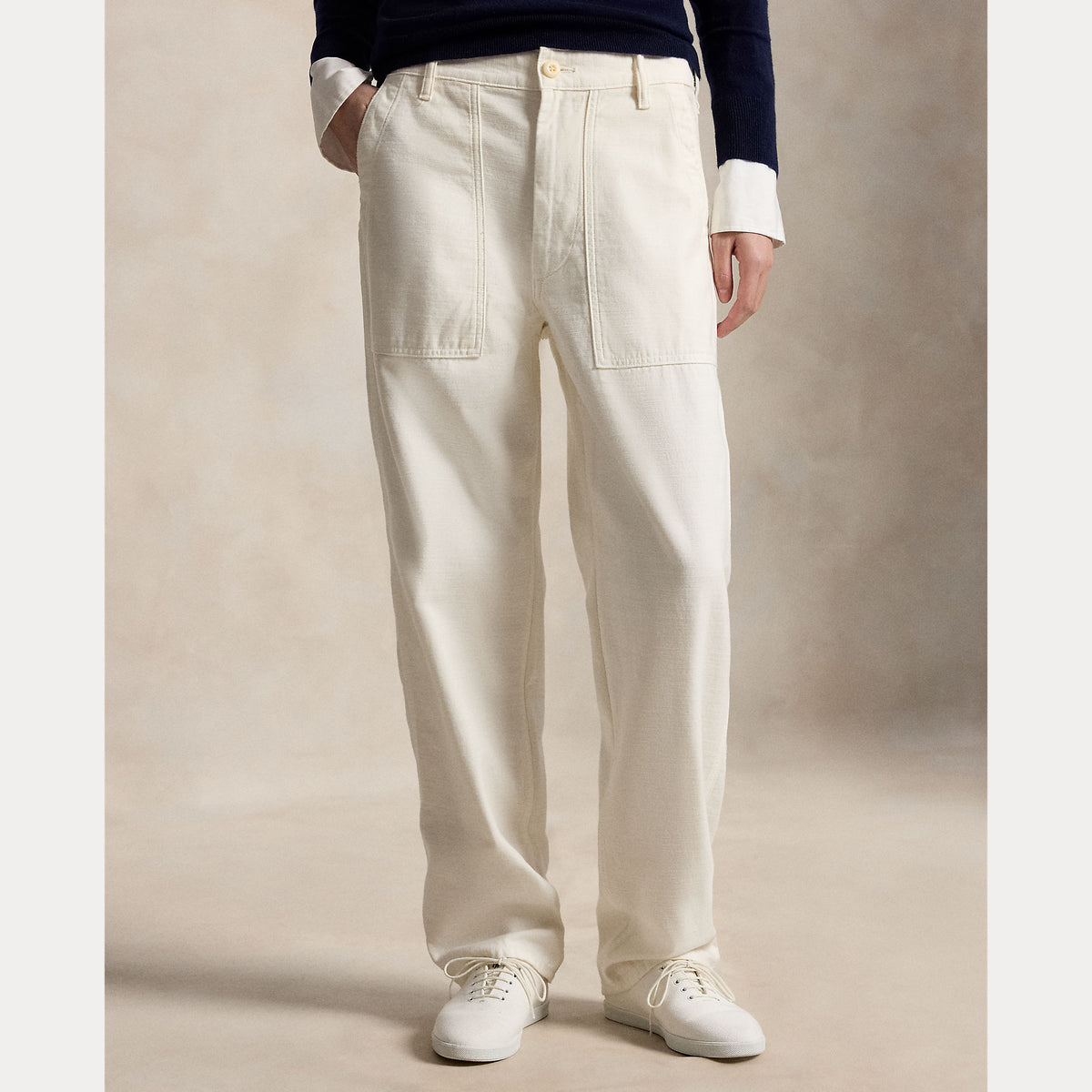Polo Ralph Lauren naisten housut Wovwn Staight Pants, luonnonvalkoinen, pehmeää puuvillaa, suora leikkaus, vyölenkit ja suuret paikkataskut reisissä