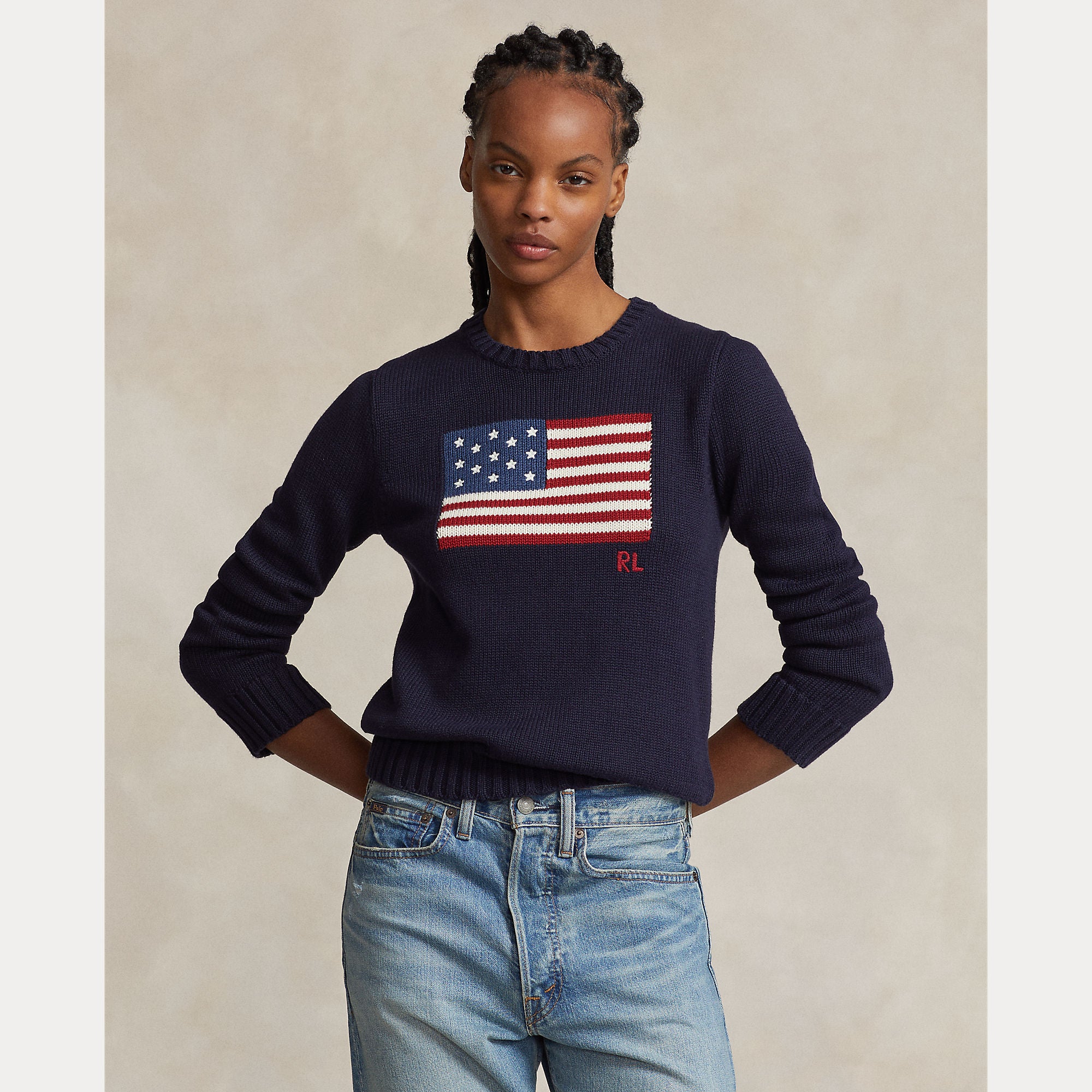 Polo Ralph Lauren naisten neulepaita Flag CN-Long Sleeve-Pullover, tummansininen