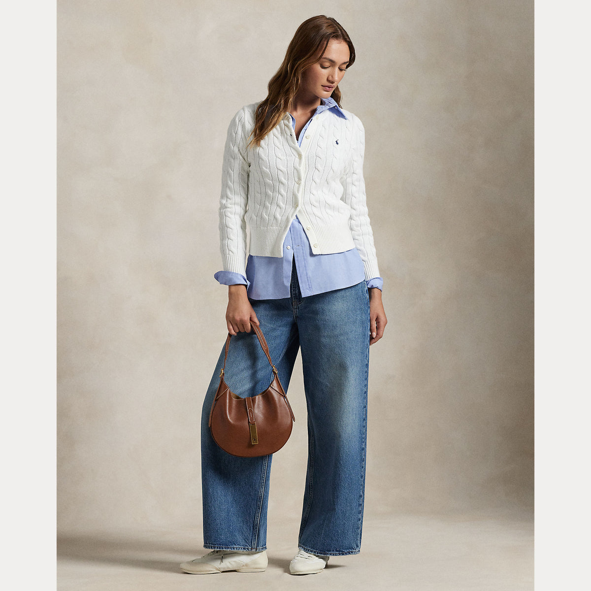 Polo Ralph Lauren naisten neuletakki CTTNCBL LS Cardigan, valkoinen, pehmeää puuvillaneuletta, palmikkokuvio, pitkät hihat, napitus edessä ja resorit helmassa ja hihansuissa
