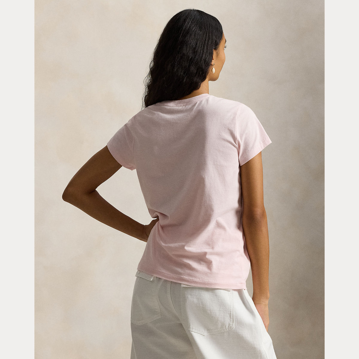 Polo Ralph Lauren naisten t-paita Knit T-shirt, vaaleanpunainen, takaa nähtynä, pehmeää puuvillaa, suora leikkaus, pyöreä pääntie ja lyhyet hihat