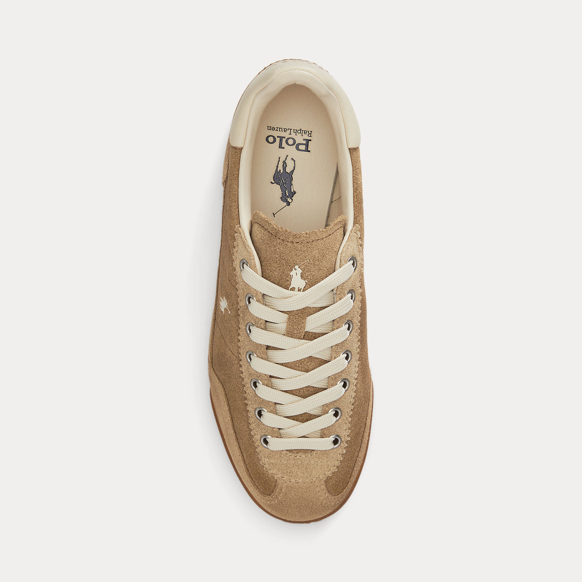 Polo Ralph Lauren naisten tennarit PP Sneaker, kameli, matala malli, pehmeä veluurinahka, vaaleat nauhat, pyöreä kärki ja hillitty logoyksityiskohta