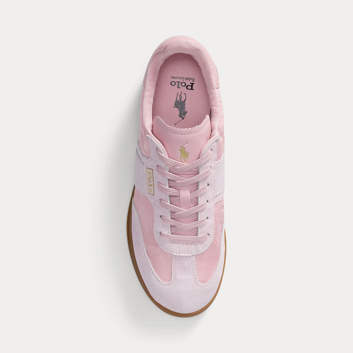 Polo Ralph Lauren naisten tennarit Aera Sneaker, vaaleanpunainen, ylhäältä näkyvä matalavartinen nauhallinen nahkamalli, mokkanahkakuviot ja ruskea kumipohja
