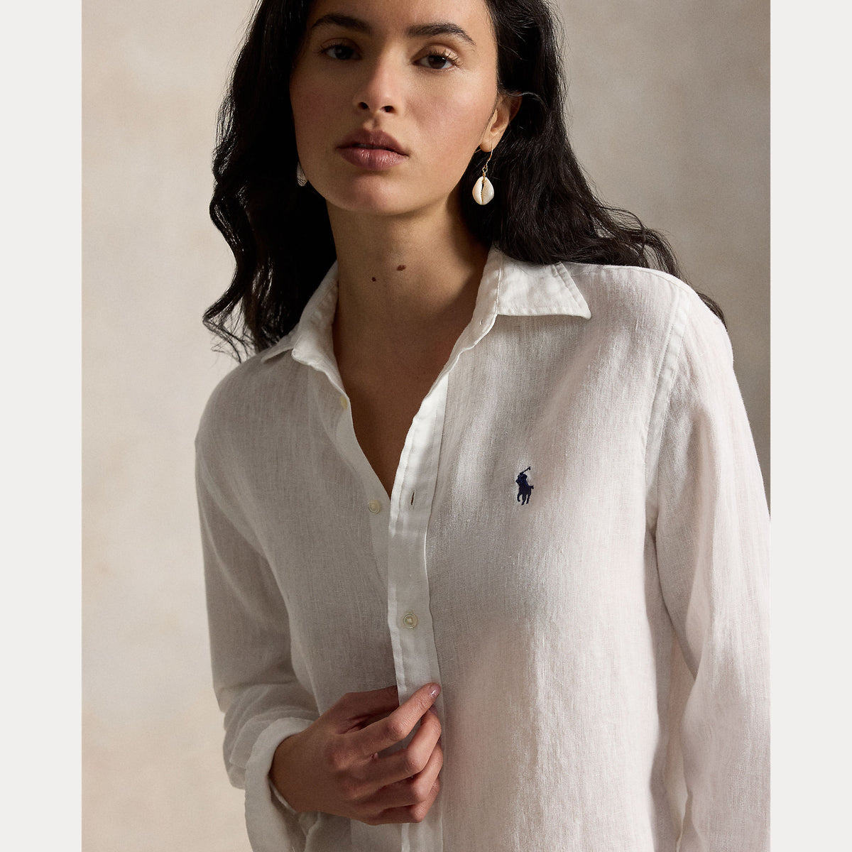 Polo Ralph Lauren naisten paitapusero Classic LS Shirt, valkoinen, kevyt pellavapaita, kauluksellinen malli, napitus edessä ja pitkät hihat