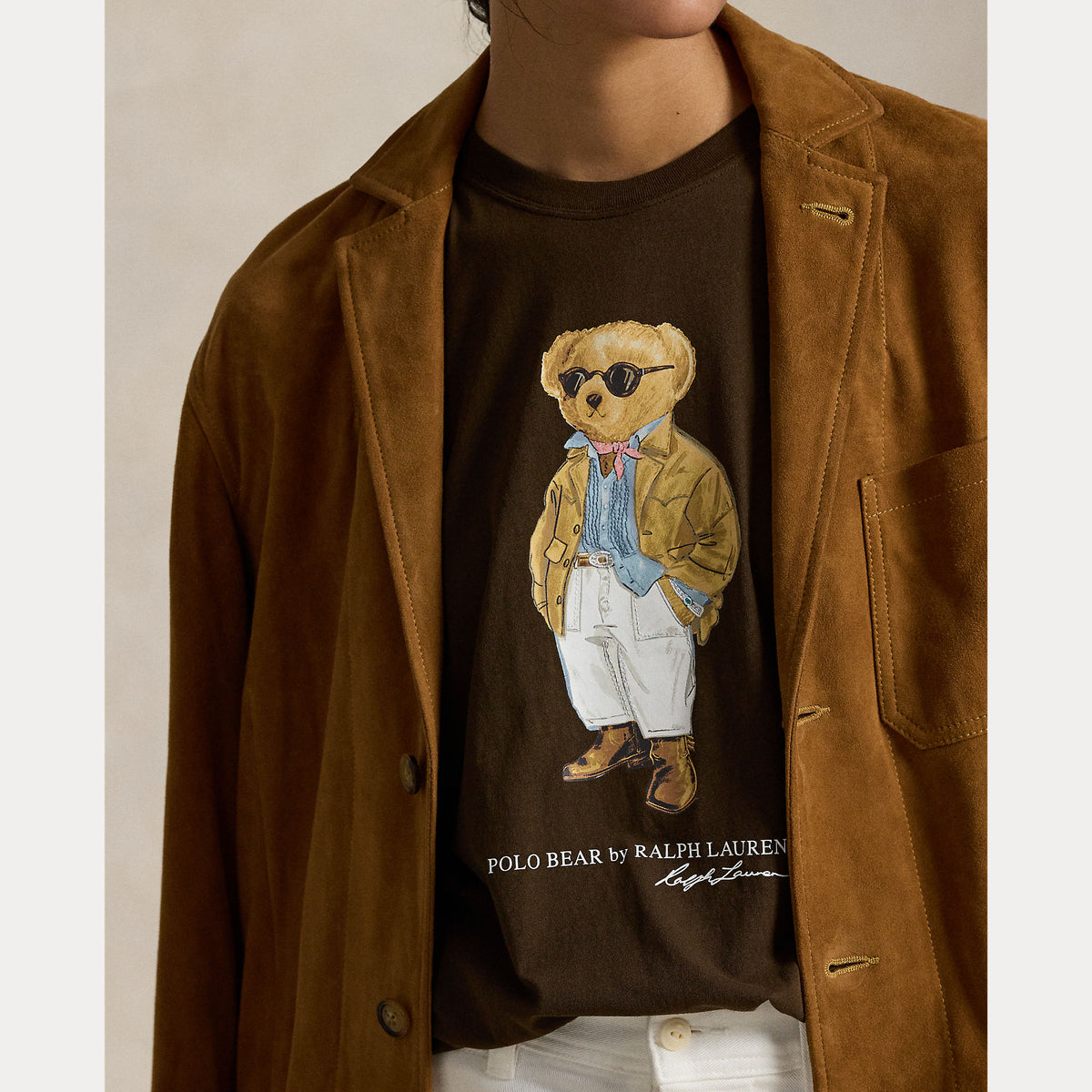 Polo Ralph Lauren naisten t-paita Bear Knit T-shirt, tummanruskea, pyöreä pääntie, lyhyet hihat ja edessä värikäs Polo Bear -hahmokuvio