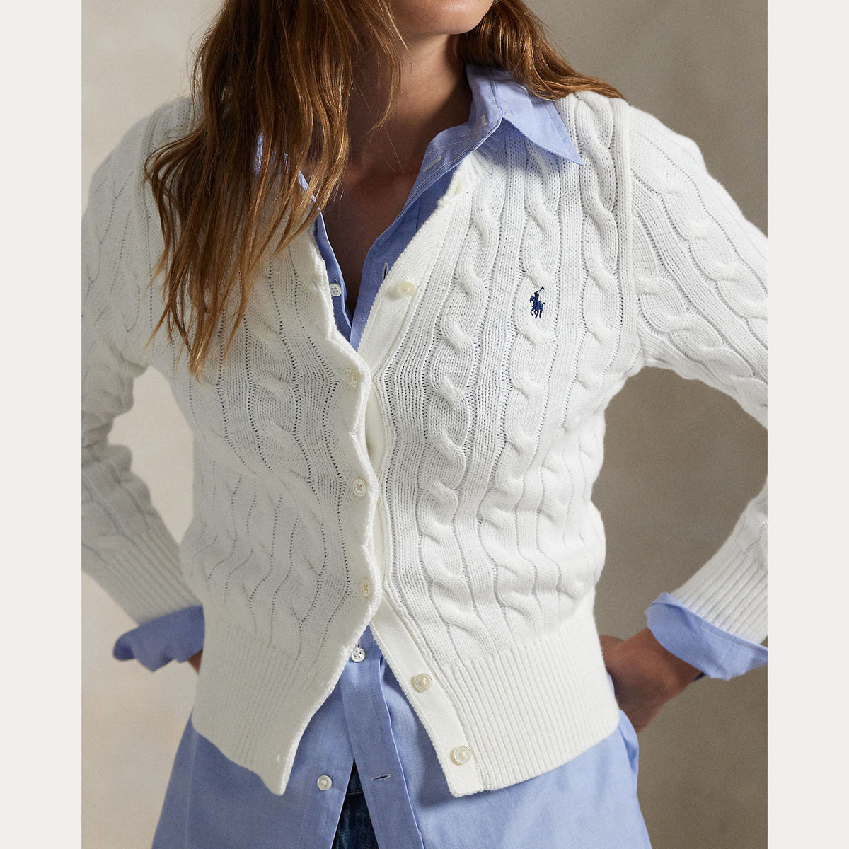 Polo Ralph Lauren naisten neuletakki CTTNCBL LS Cardigan, valkoinen, pehmeä puuvillaneule, palmikkokuvio, napitus edessä, pitkät hihat ja resorit helmassa sekä hihansuissa