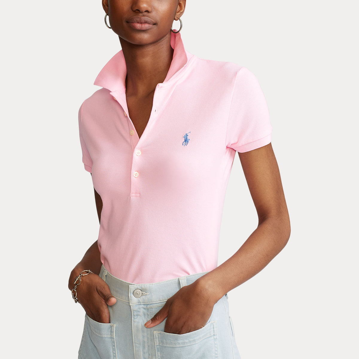 Polo Ralph Lauren naisten pikeepaita Julie Polo Slim SS Shirt, vaaleanpunainen, vartalonmyötäinen puuvillapikeepaita, kaulus, lyhyet hihat ja sininen kirjailtu logo rinnassa