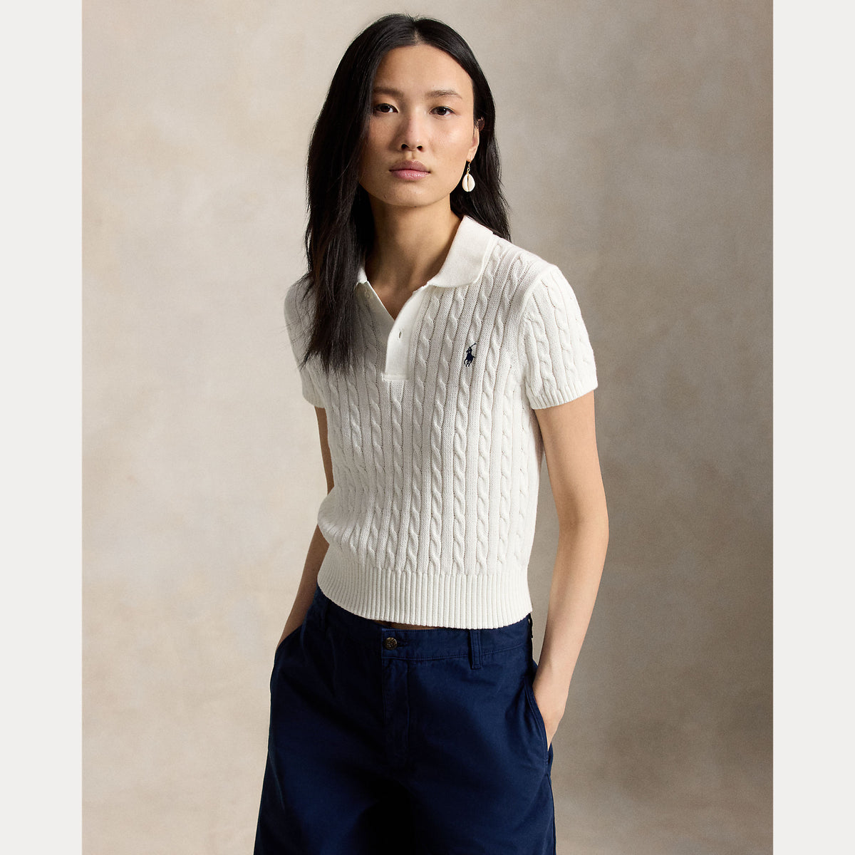 Polo Ralph Lauren naisten neulepusero Cable-Knit Cotton Polo Sweater, valkoinen
