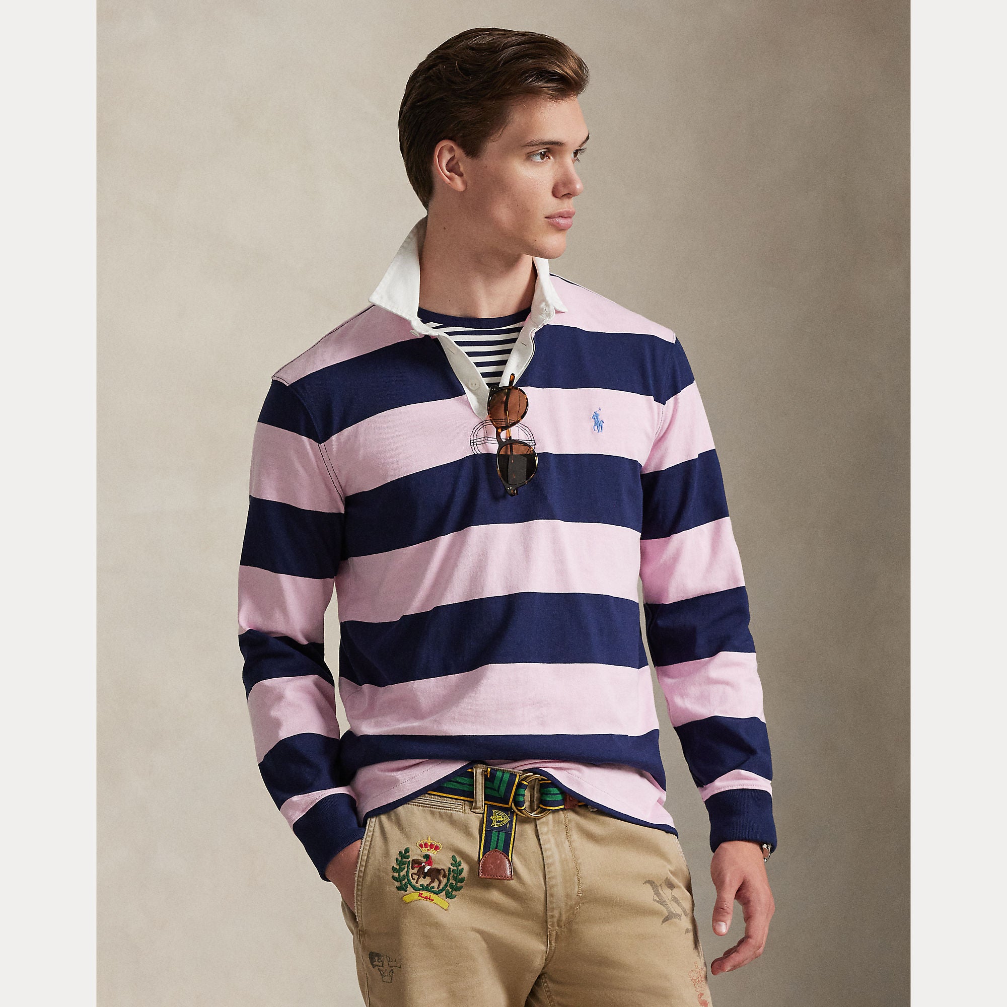 Polo Ralph Lauren miesten pikeepaita LS Rugby M3 Long Sleeve-Knit, raidallinen pinkki