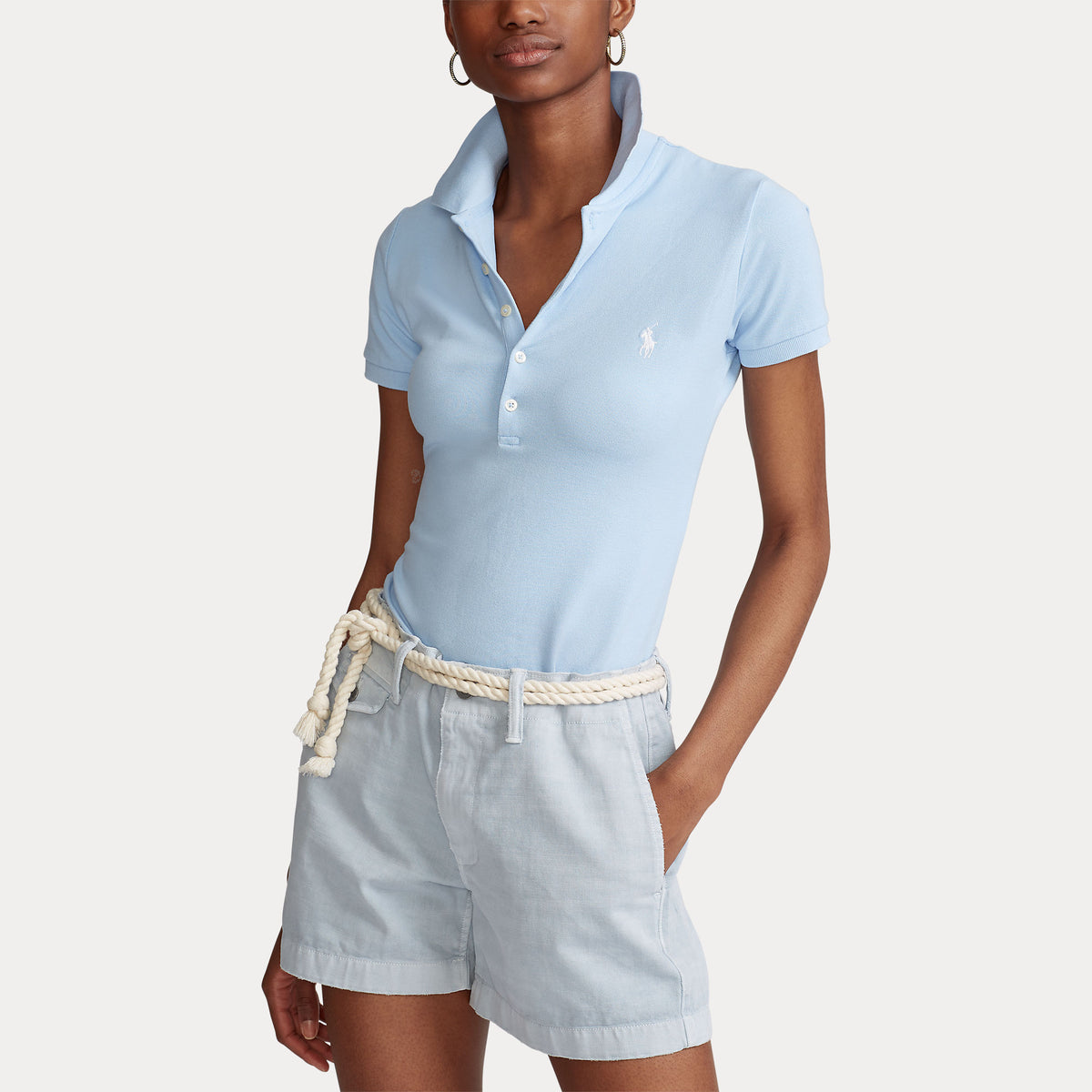 Polo Ralph Lauren naisten pikeepaita Julie Polo Slim SS Shirt, vaaleansininen, istuva joustava puuvillapikeepaita, kaulus, lyhyet hihat ja nappilista, kirjailtu logo rinnassa