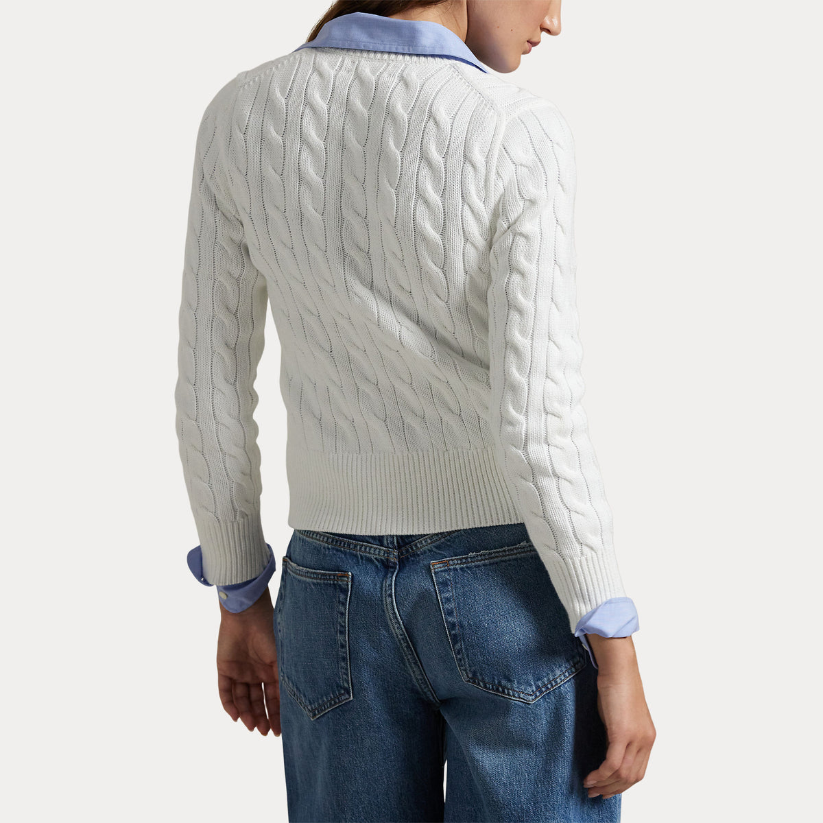 Polo Ralph Lauren naisten neuletakki CTTNCBL LS Cardigan, valkoinen, pehmeää puuvillaneuletta, takaa näkyvä palmikkoneulos, pitkät hihat sekä joustinneuleiset hihansuut ja helma