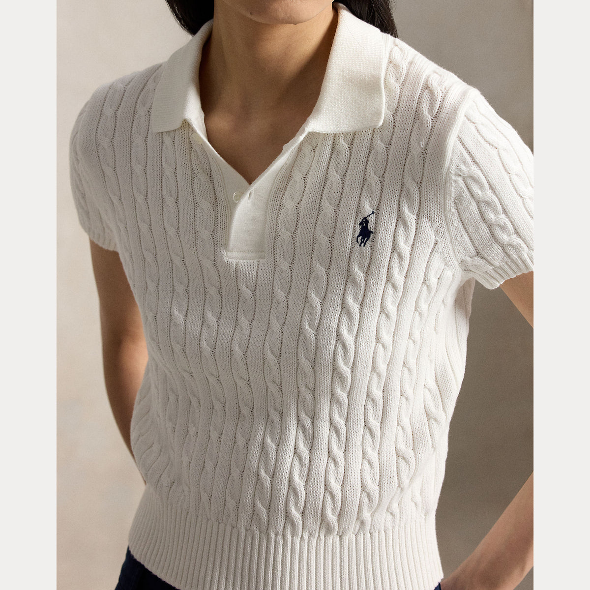 Polo Ralph Lauren naisten neulepusero Cable-Knit Cotton Polo Sweater, valkoinen