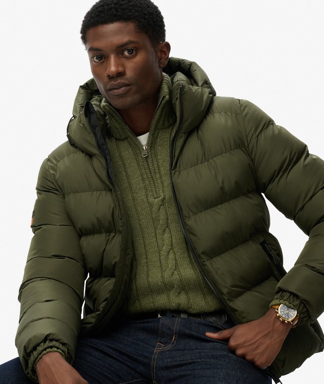 Superdry Miesten Talvitakki, Hooded Sports Puffer Jacket Tummanvihreä
