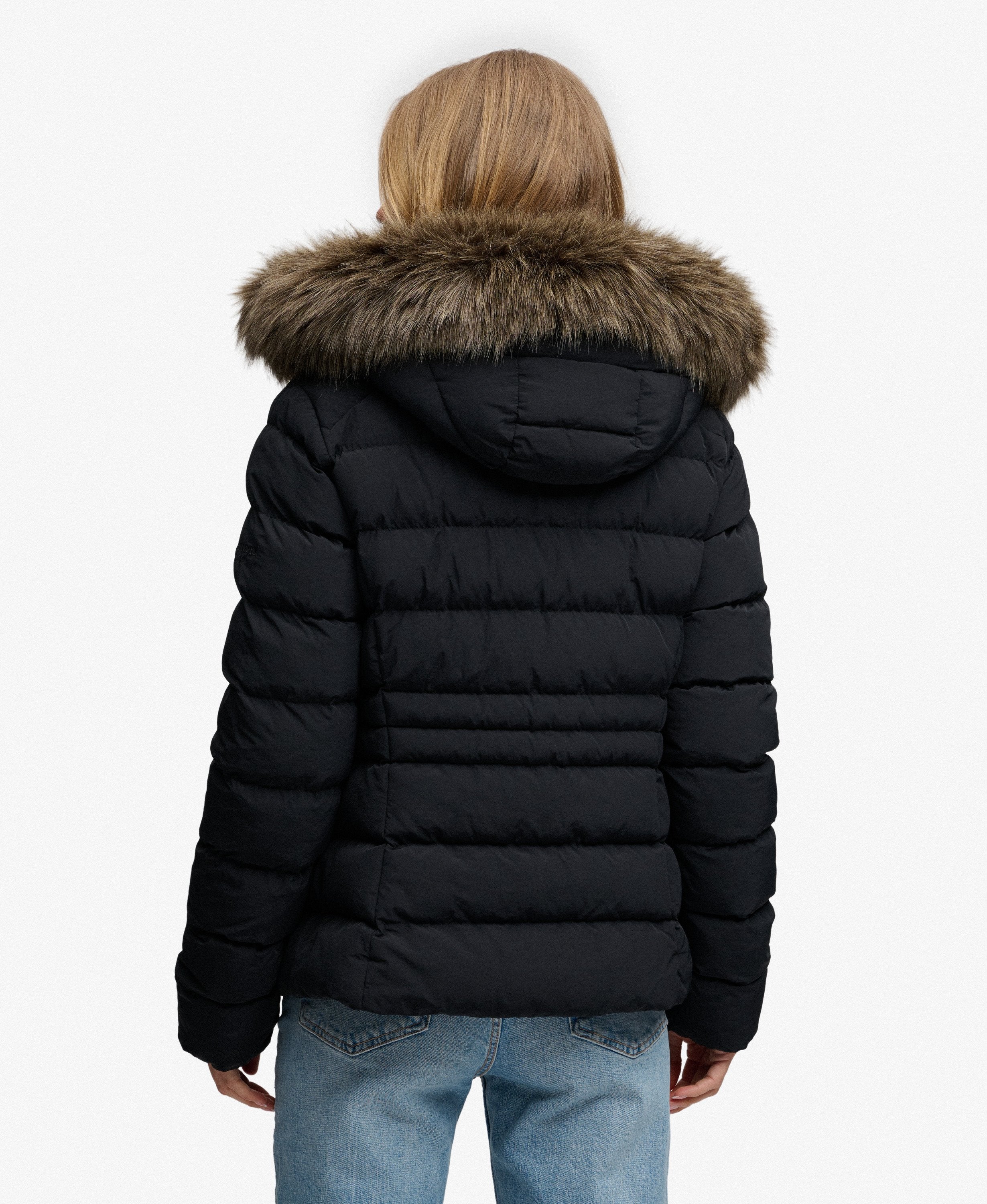 Superdry naisten toppatakki Fuji Faux Fur Hood Padded Jacket, musta
