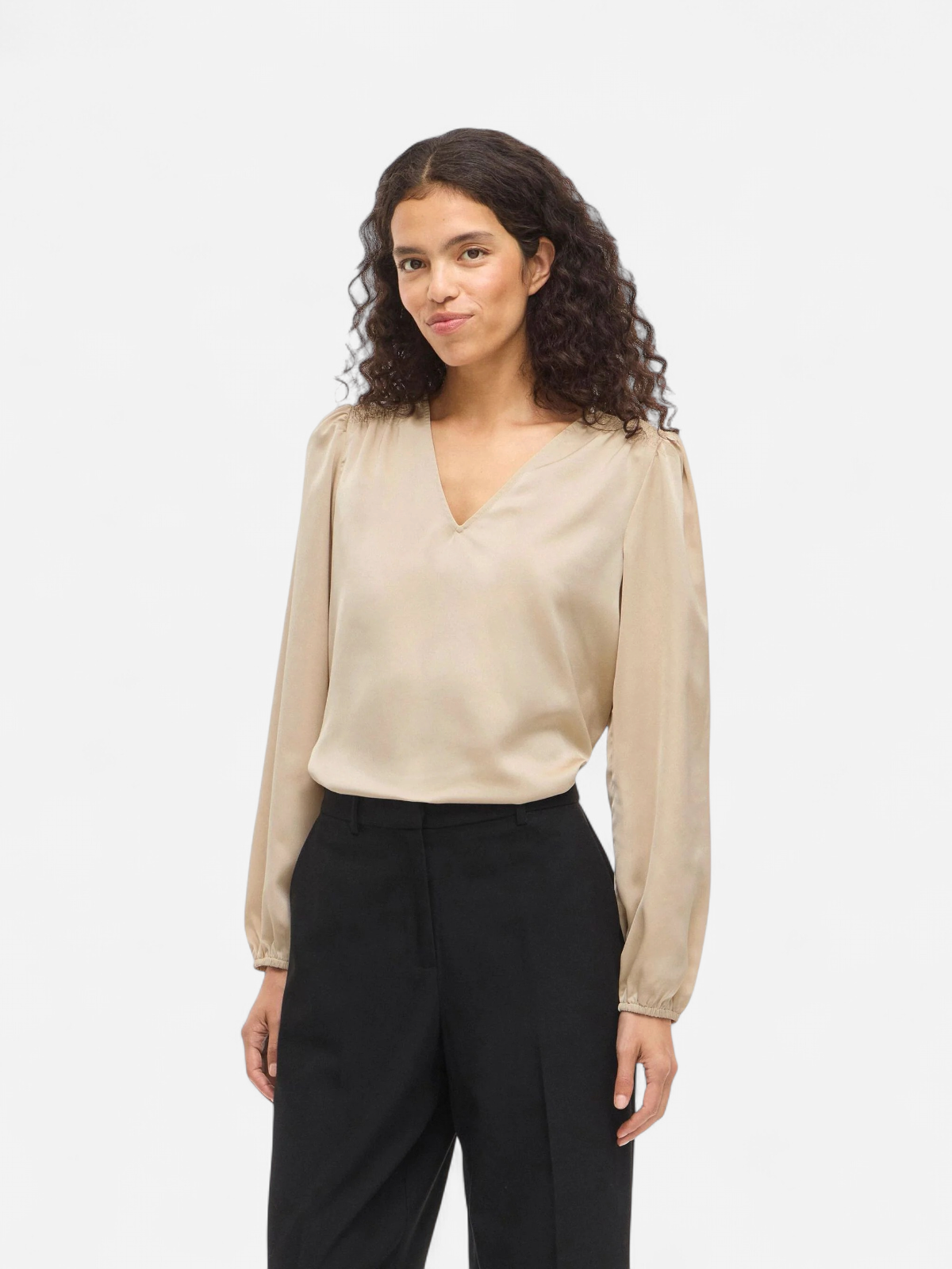 Vila naisten pusero Vielette L/S Smock Satin Top, Cement - Kekäle.fi