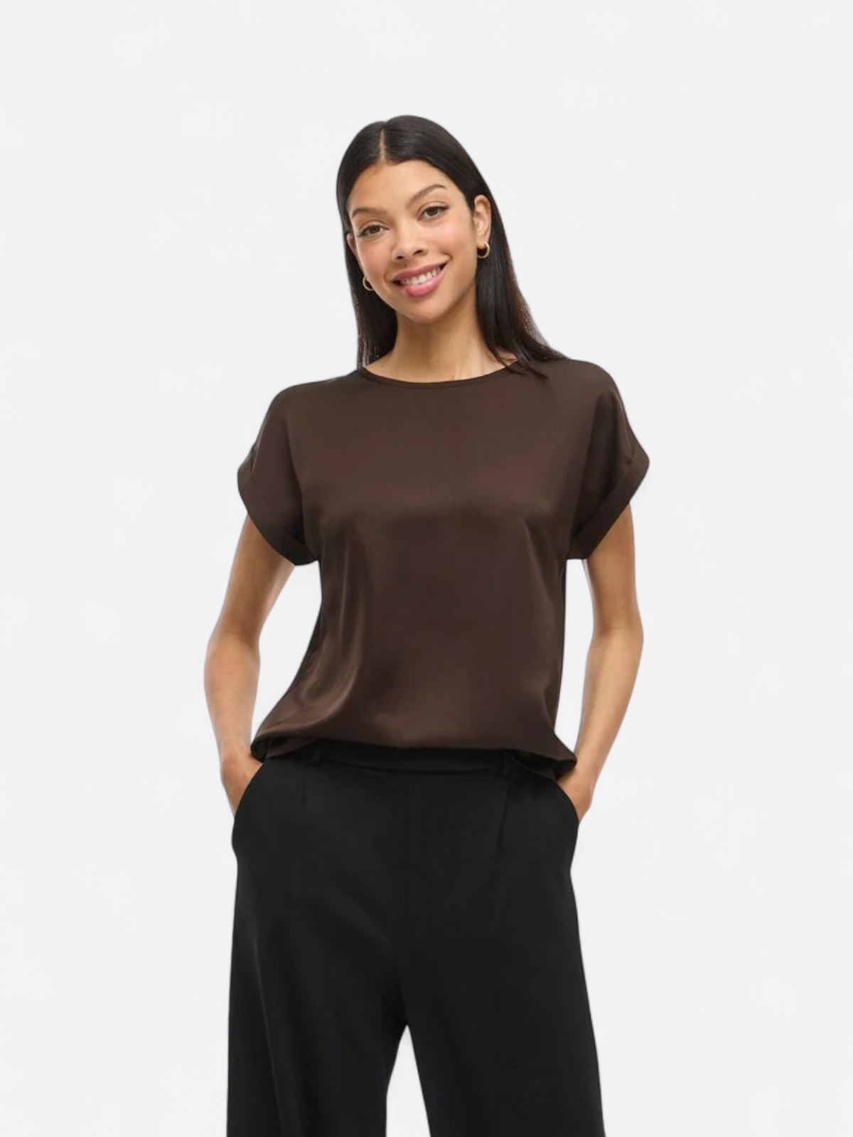 Vila naisten paita Viellette S/S Satin Top, coffee bean - Kekäle.fi