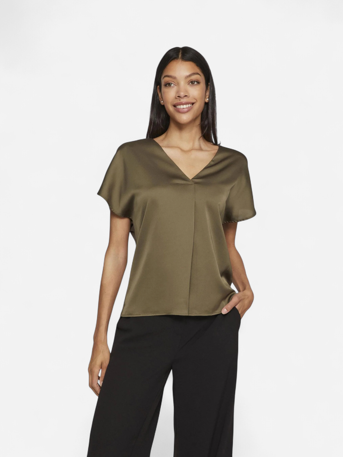 Vila naisten satiinitoppi, VIELLETTE V-NECK S/S SATIN TOP Khaki - Kekäle.fi