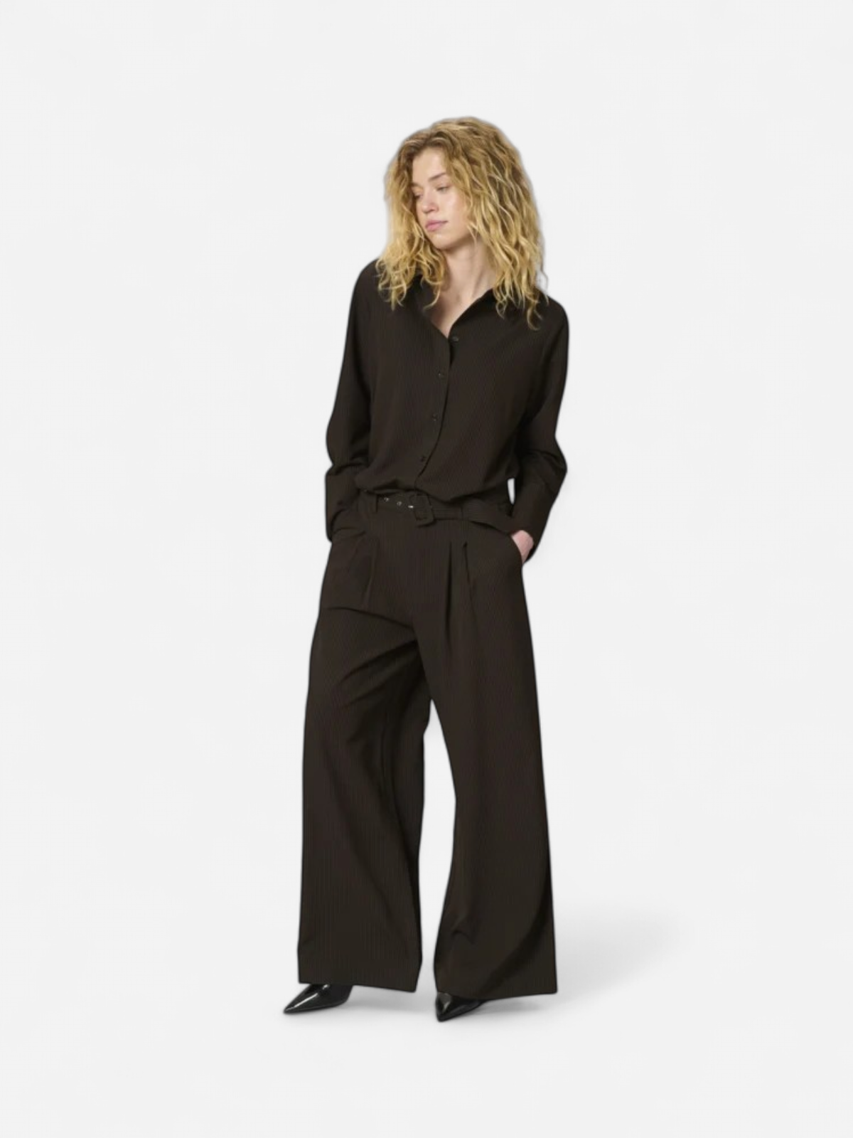 My Essential Wardrobe naisten housut VittaMW High Wide Pant, raidallinen ruskea - Kekäle.fi