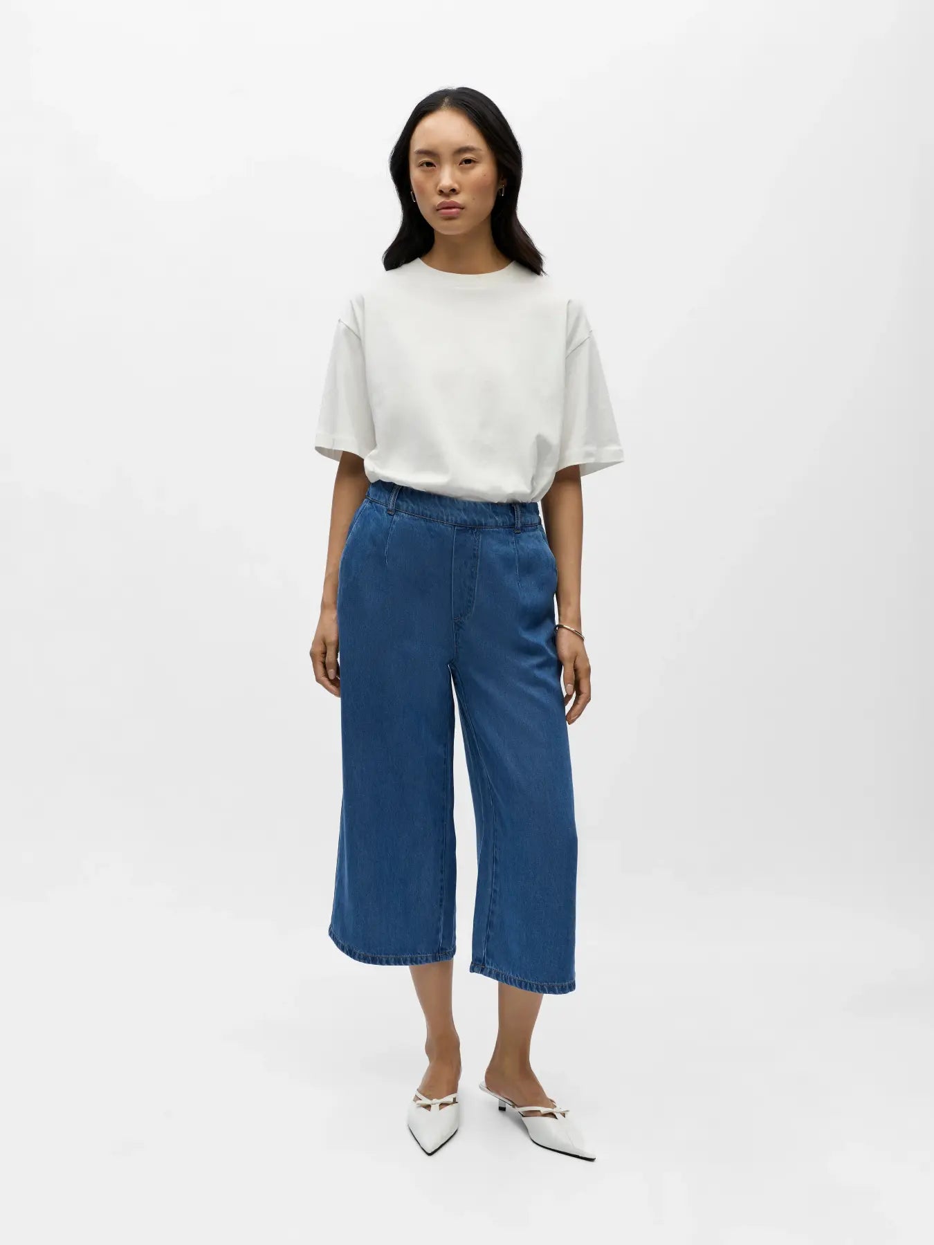 Object naisten housut OBJFrame MW Culotte Pant Noos, Medium Blue Denim