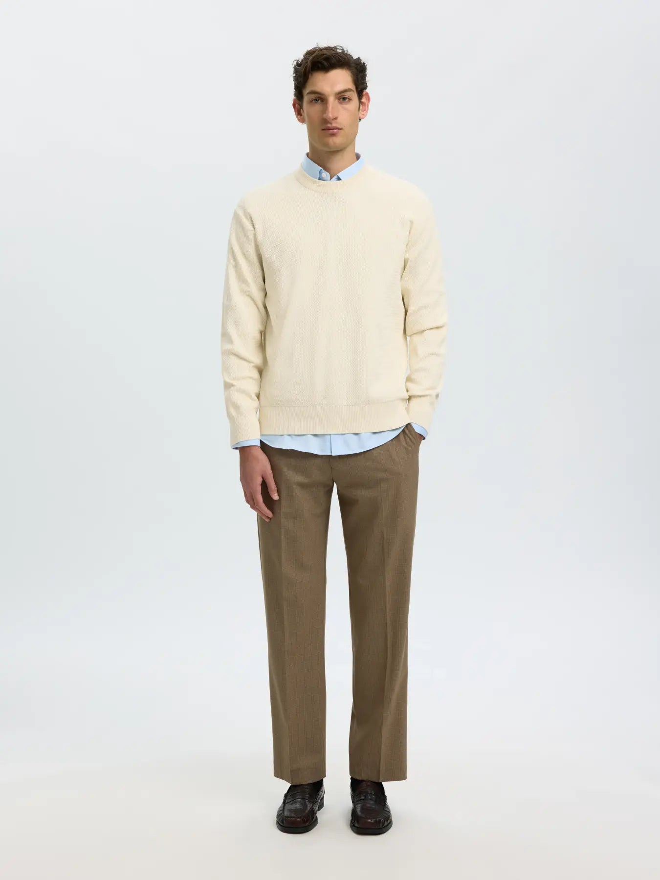 Selected miesten neulepusero Torn Structure Crew Neck, Silver Birch